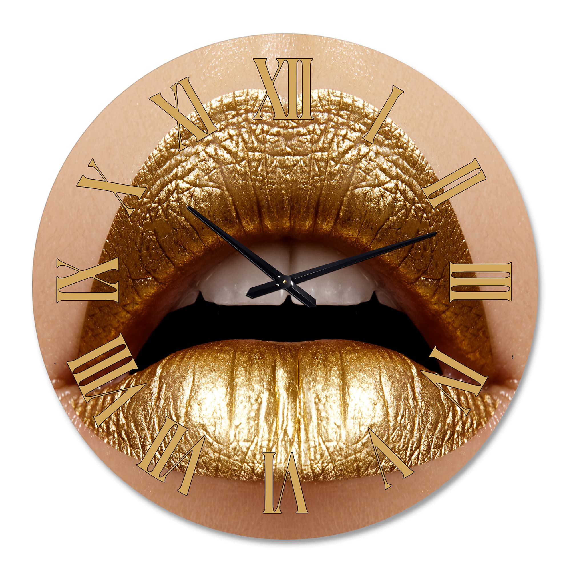 DesignQ Modern Wall Clock - Close Up of Female Plump Lips with Golden Lipstick - Large Decorative Wall Clock for Bedroom, Living Room & Office - Unique Home Decor Gift Idea