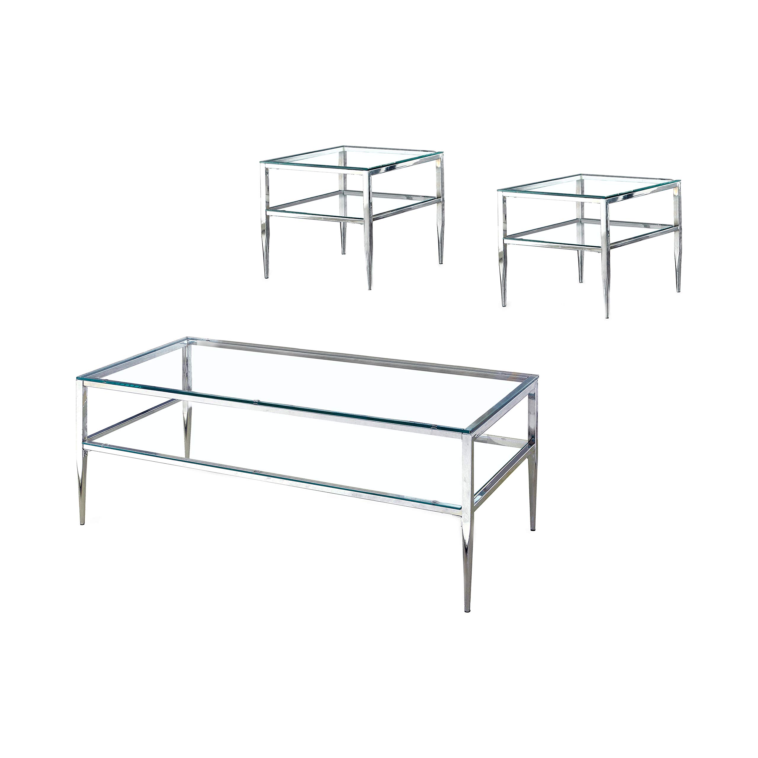 Gwendolina Modern 3-Piece Glass Top Coffee Table Set with Chrome Base - Contemporary Living Room Furniture for Home & Office Decor | Perfect for Small Spaces, Apartments and Lounge Areas