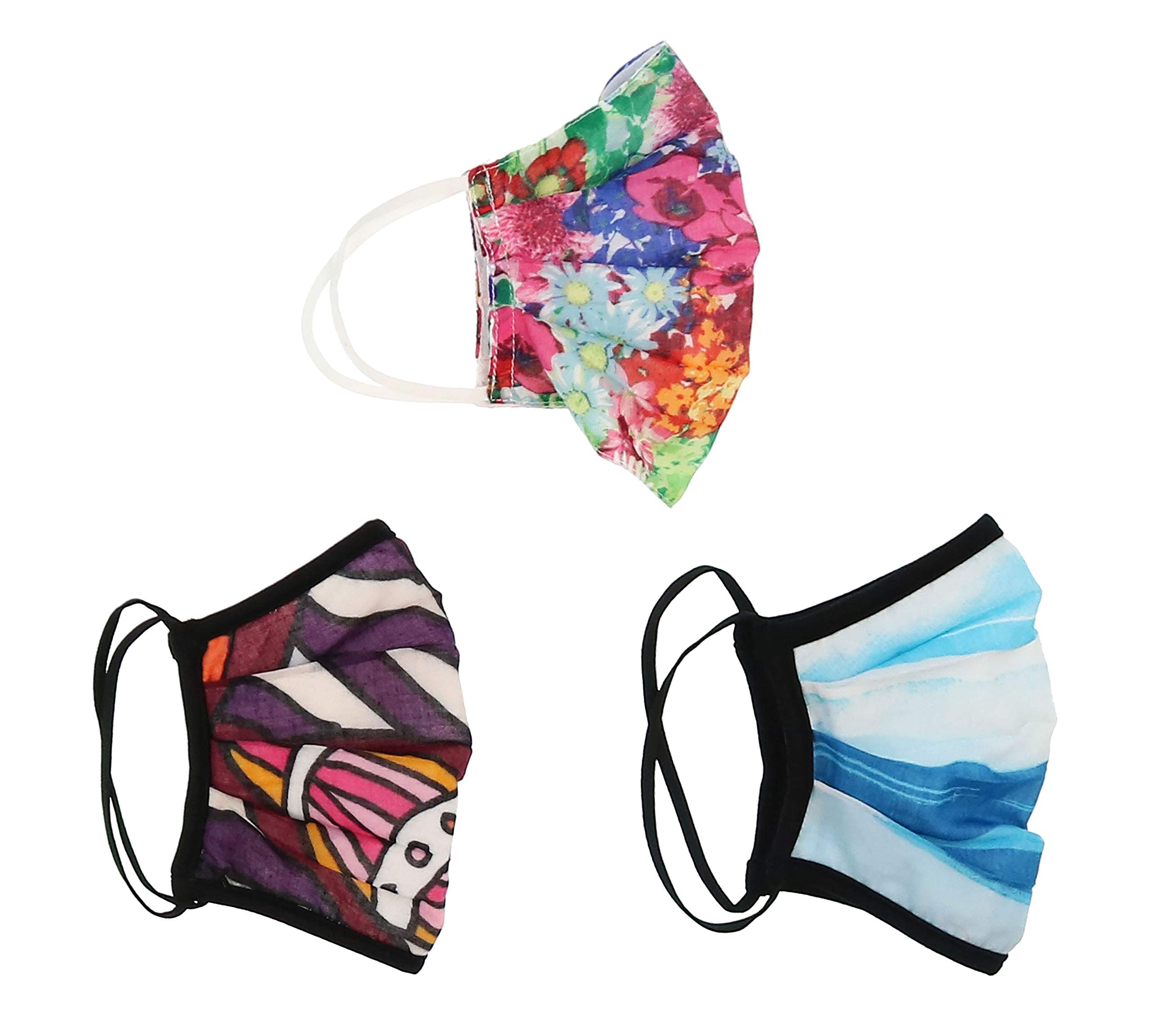 Accessories First 3pc Multipack Fashion Face Masks - Double Layer Woven Floral Stripes Geometric Design for Daily Wear & Outdoor Activities