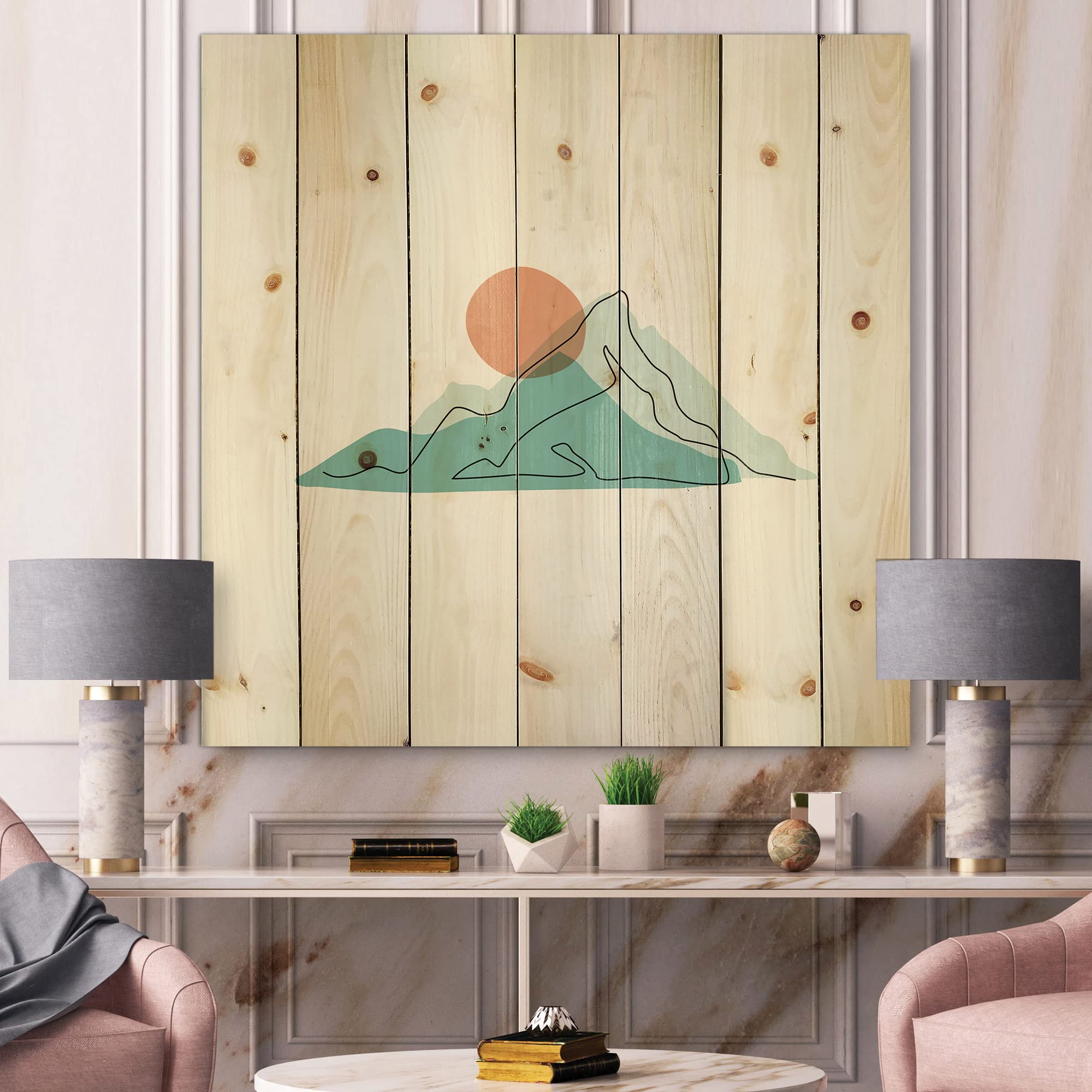 DesignQ Red Moon Over Abstract Blue Mountains II - Modern Wood Wall Art Decor, Large Landscape Pine Wood Panel Print - Perfect for Living Room, Bedroom & Office Decor