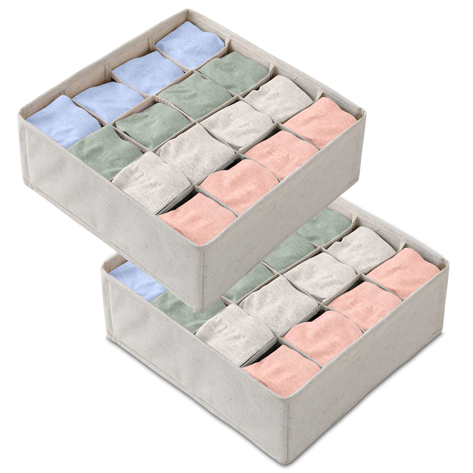 Foldable 16-Cell Underwear & Sock Organizer - Bra & Lingerie Drawer Divider for Closet Storage - Easy Assembly Off-White Undergarment Organizer (2-Pack) - Perfect for Bedroom, Dorm, or Travel Organization