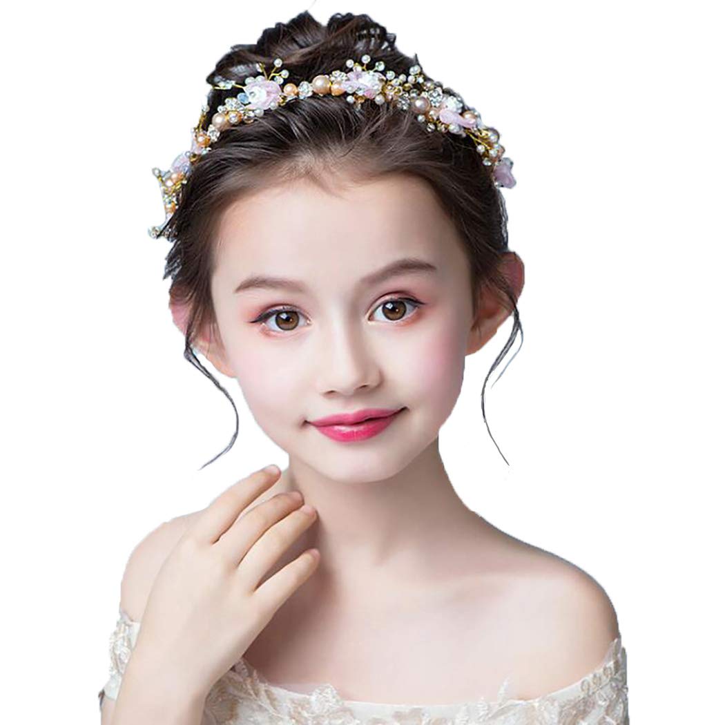 Princess Flower Headpiece with Pearls & Crystals - Elegant Bridal Wedding Hair Accessories for Flower Girls (Pink) | Perfect for Weddings, Pageants & Special Occasions