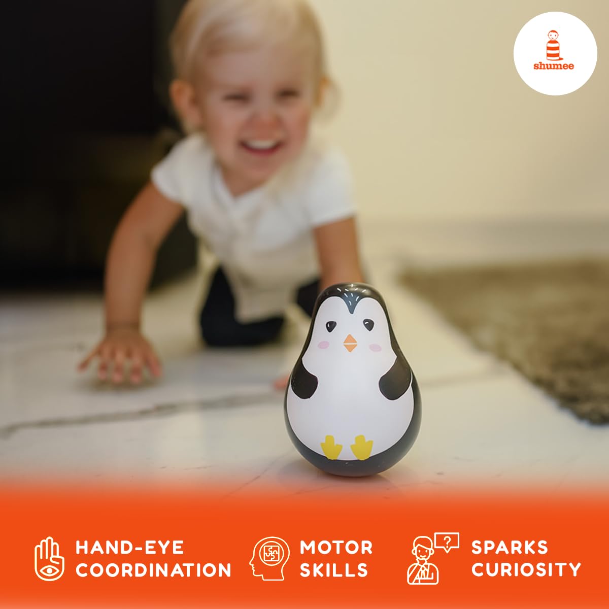 Shumee Wooden Penguin Wobbler Toy - Montessori Baby Tummy Time & Sensory Development Toy for 1-3 Year Olds - Roly Poly Wobble Toy for Infants & Toddlers - Perfect Gift for Baby Boys & Girls - Great for Playtime, Learning Balance & Motor Skills