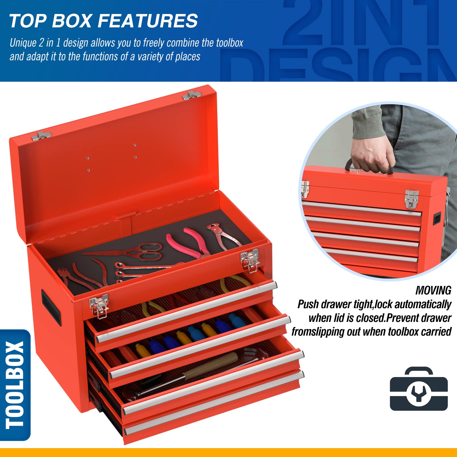 5-Drawer Rolling Tool Chest with Wheels - Heavy Duty Removable Tool Box with Storage Tray & Cabinet Organizer for Garage, Workshop, Warehouse (Red) - Perfect for Mechanics, DIY Enthusiasts & Professional Tradesmen