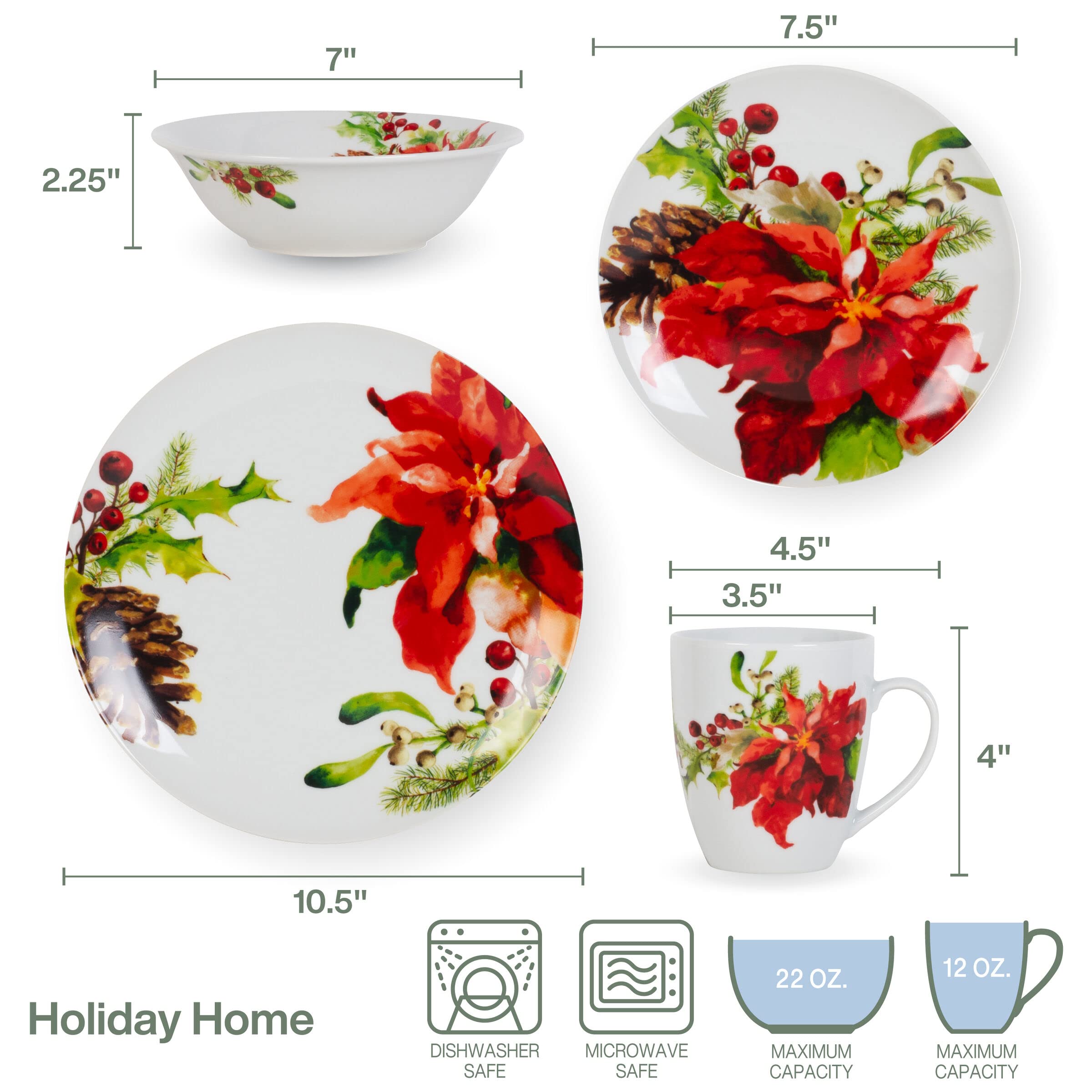 Fitz and Floyd Holiday Home 32-Piece Dinnerware Set - Elegant Porcelain Tableware for Christmas, Thanksgiving & Family Gatherings - Complete Service for 8 with Plates, Bowls & Cups