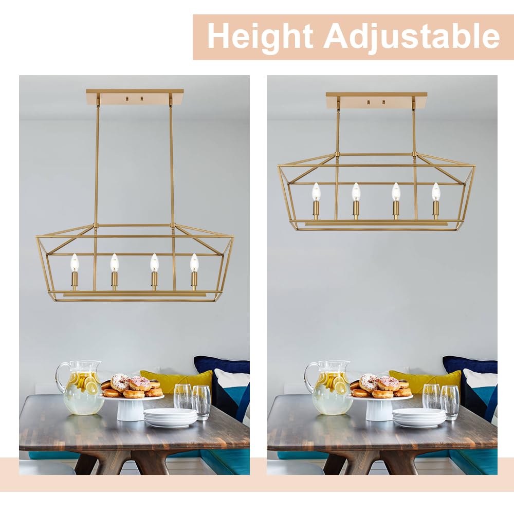 4-Lights Golden Pendant Light Fixtures - Adjustable Height Modern Lantern Linear Chandelier for Dining Room Ceiling Lighting | Perfect Hanging Light Over Kitchen Island, Breakfast Bar or Dining Table