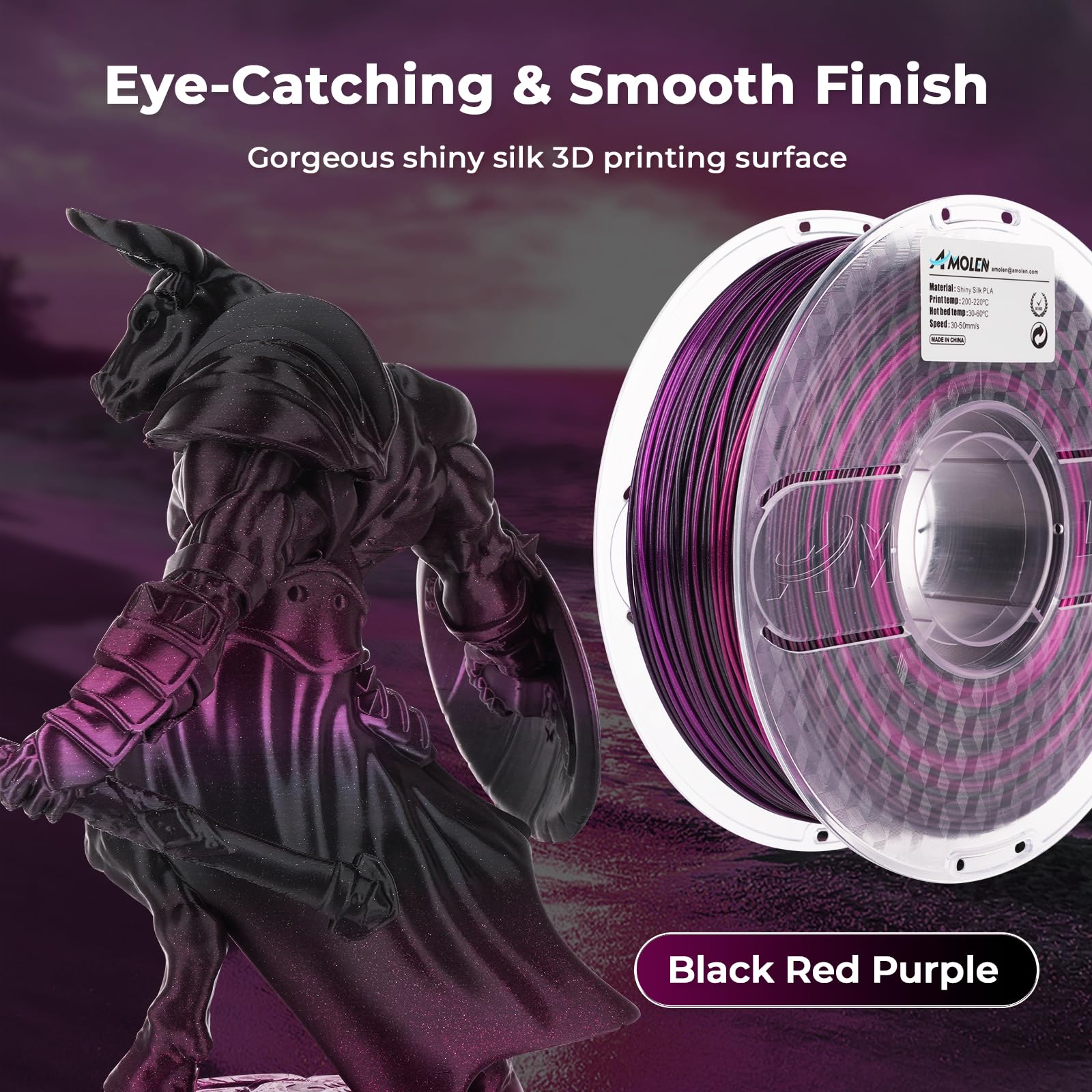 AMOLEN PLA 3D Printing Filament 1.75mm - Silk Shiny Gradient Filament (Black, Purple, Red, Fuchsia) 1KG/2.2lb - High Quality PLA Filament for 3D Printer & 3D Pen - Perfect for DIY Crafts, Cosplay Props, Home Decor & Educational Projects