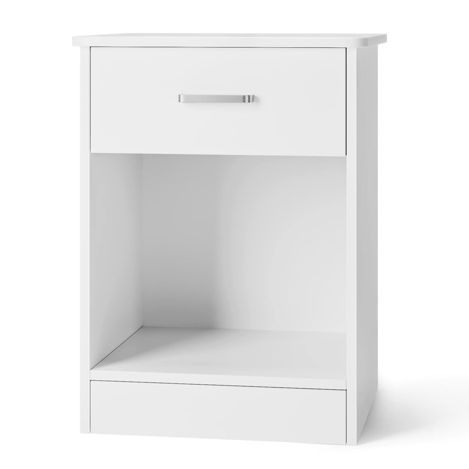 Modern 2-Tier Nightstand with Drawer & Storage Shelf - White Bedside Table for Bedroom, Home Office, Living Room | Space-Saving End Table with Functional Storage for Small Spaces