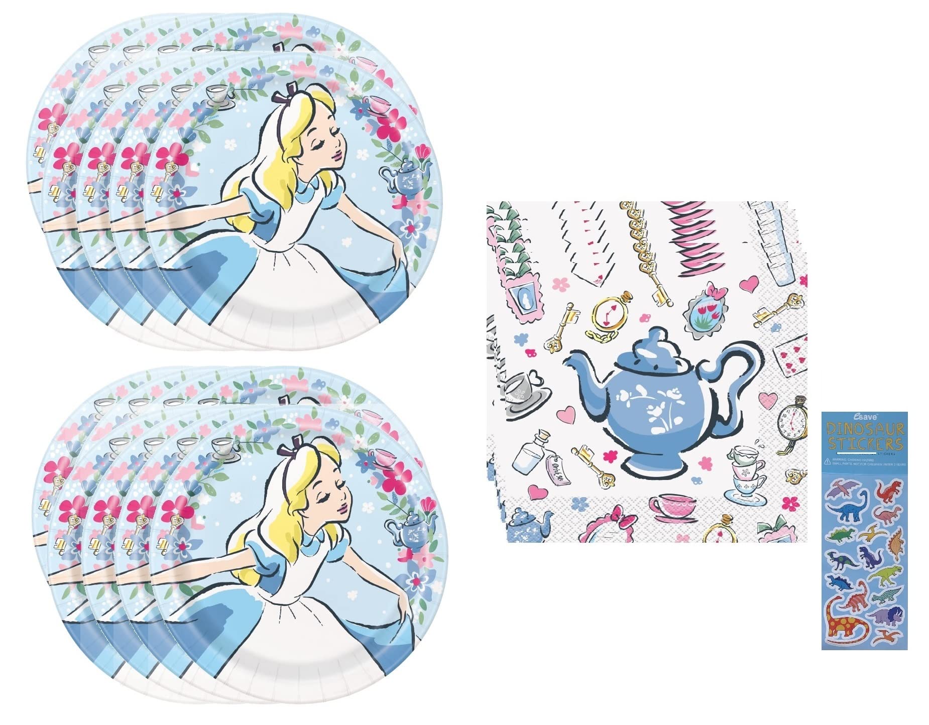 Alice in Wonderland Party Supplies Bundle - 16 Pack with Plates, Napkins & Dinosaur Stickers | Perfect for Kids Birthday, Themed Events & Decorations
