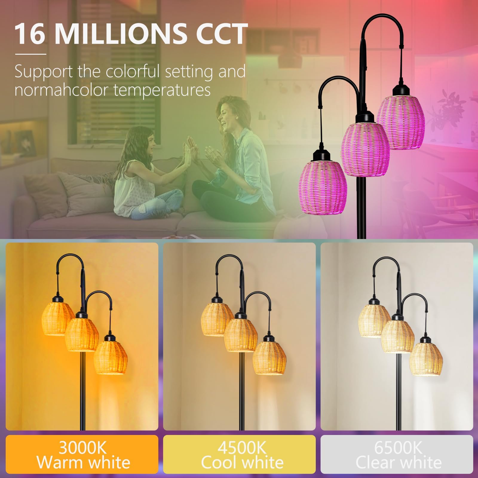 RGB Boho Floor Lamp for Living Room & Bedroom - Dimmable Rattan 3-Light Standing Lamp with App & Remote Control, Includes 3 RGB LED Bulbs | Perfect for Farmhouse Decor, Mood Lighting & Cozy Ambiance