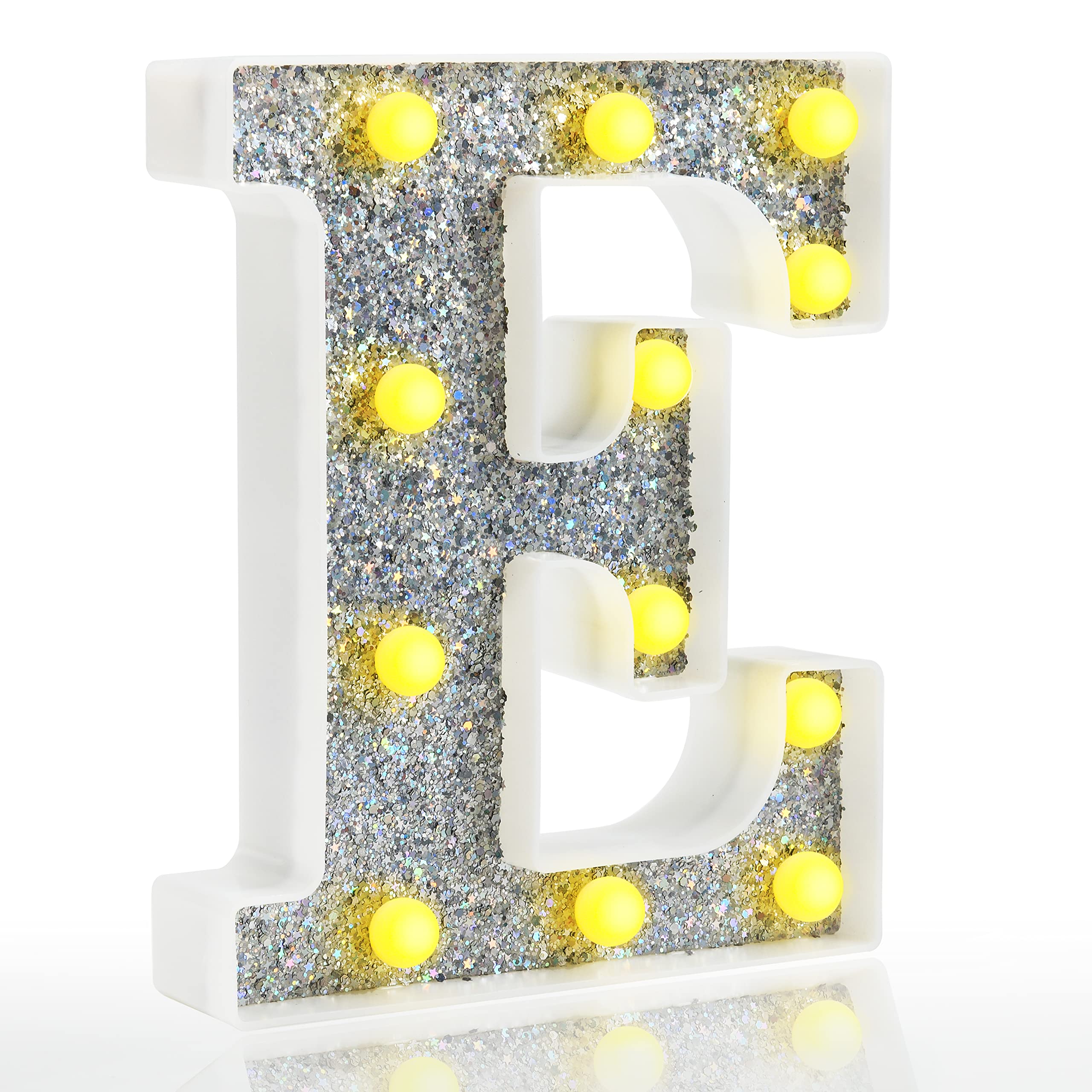 Pooqla LED Marquee Letter E - Silver Glitter Alphabet Light Up Sign, Battery Powered for Night Light, Birthday Party, Wedding, Home Bar & Christmas Decorations - Perfect Gift for Girls & Women