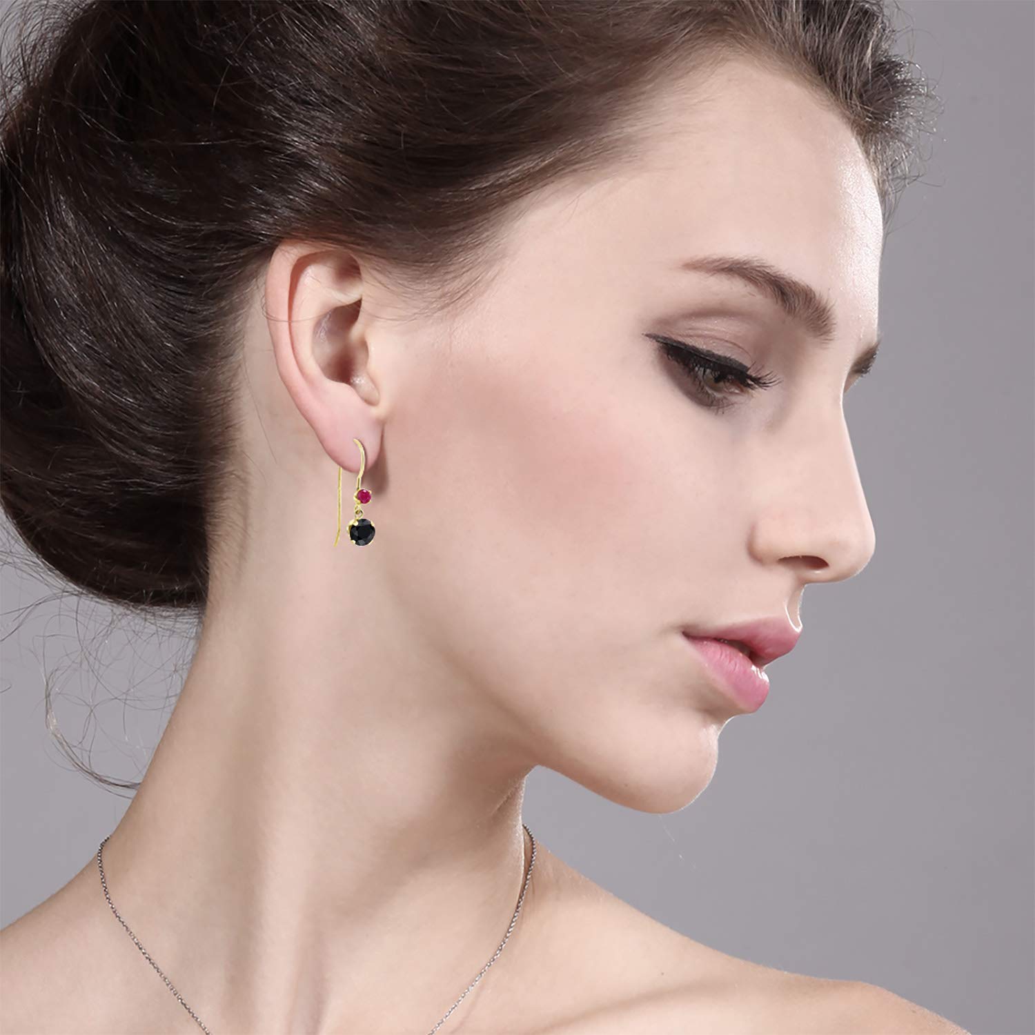 14K Yellow Gold Black Sapphire & Red Ruby Dangle Earrings for Women - September Birthstone Jewelry, 1.50 Cttw Round Gemstones (5MM & 2.5MM) | Elegant French Hook Earrings for Parties, Weddings & Special Occasions