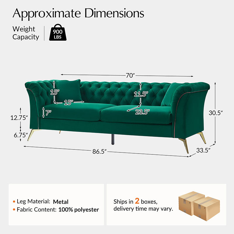 Modern Luxury Glam Velvet Sofa with Tufted Buttons & Gold Metal Accents - Elegant Living Room Furniture for Home Decor, Lounge & Entertaining