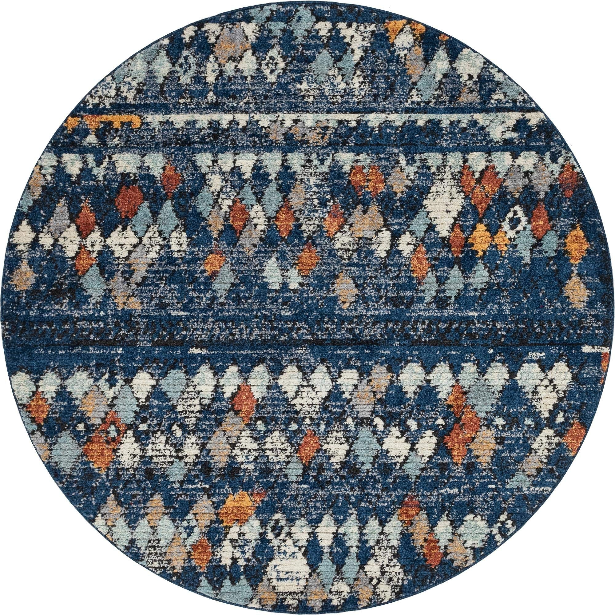Premium 7 Ft Round Navy Blue High-Pile Moroccan Rug - Soft Plush Area Carpet for Living Room, Bedroom & Dining Room | Handmade Boho Decor | Non-Slip Backing | Easy to Clean