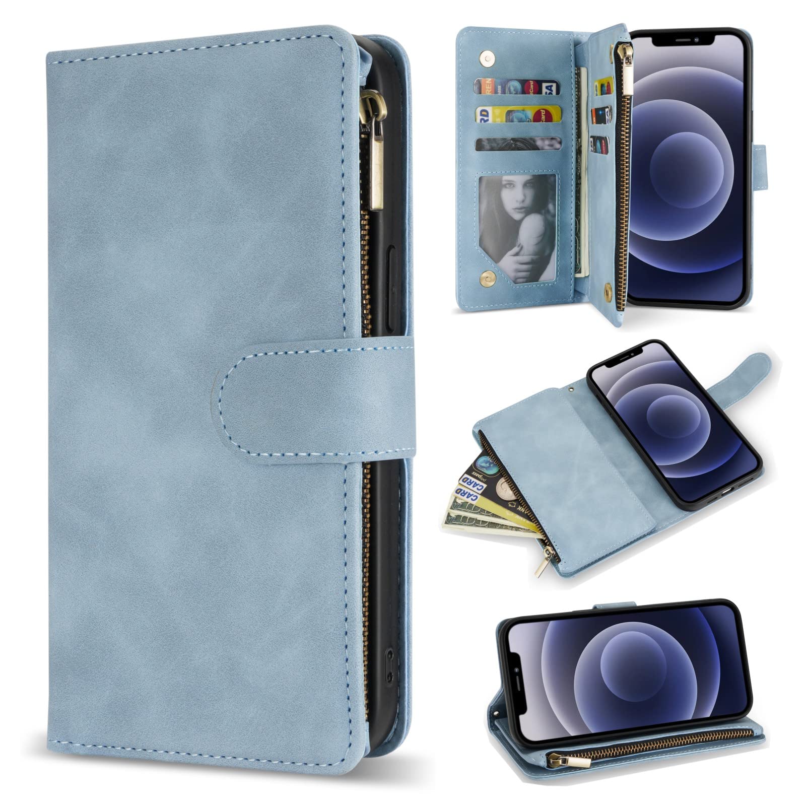 Premium Soft PU Leather Zipper Folio Wallet Case for iPhone 12/12 Pro (6.1 inch) - Card Slots, Wrist Strap & Kickstand | Light Blue | Business, Travel & Everyday Protection