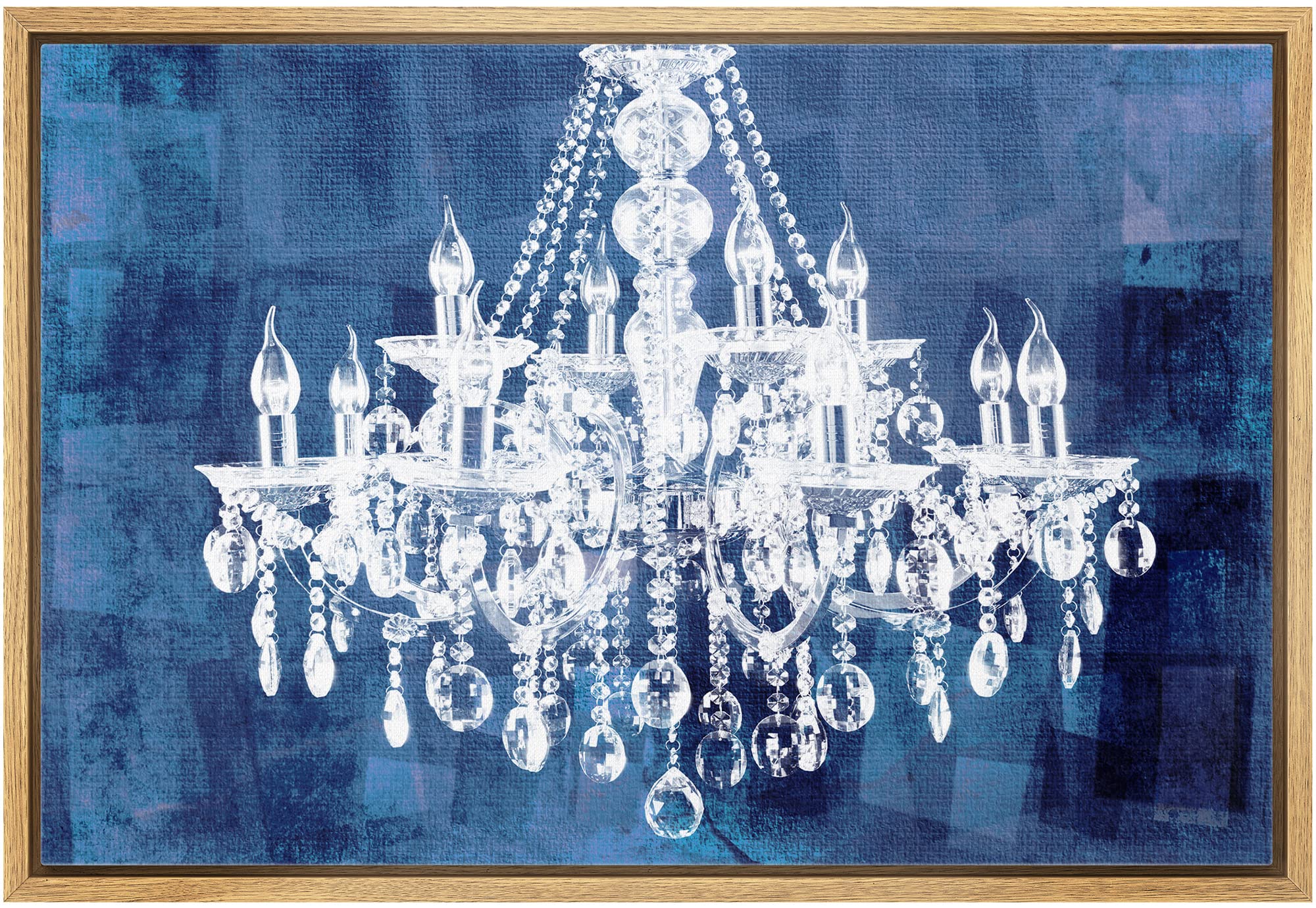 Wall26 Framed Canvas Print - White Chandelier Silhouette on Navy Blue Background, Modern Digital Art Wall Decor for Living Room, Bedroom, Office - 16x24 Inches Natural Wood Frame - Perfect for Creating a Chic, Relaxing Atmosphere in Home or Workspace