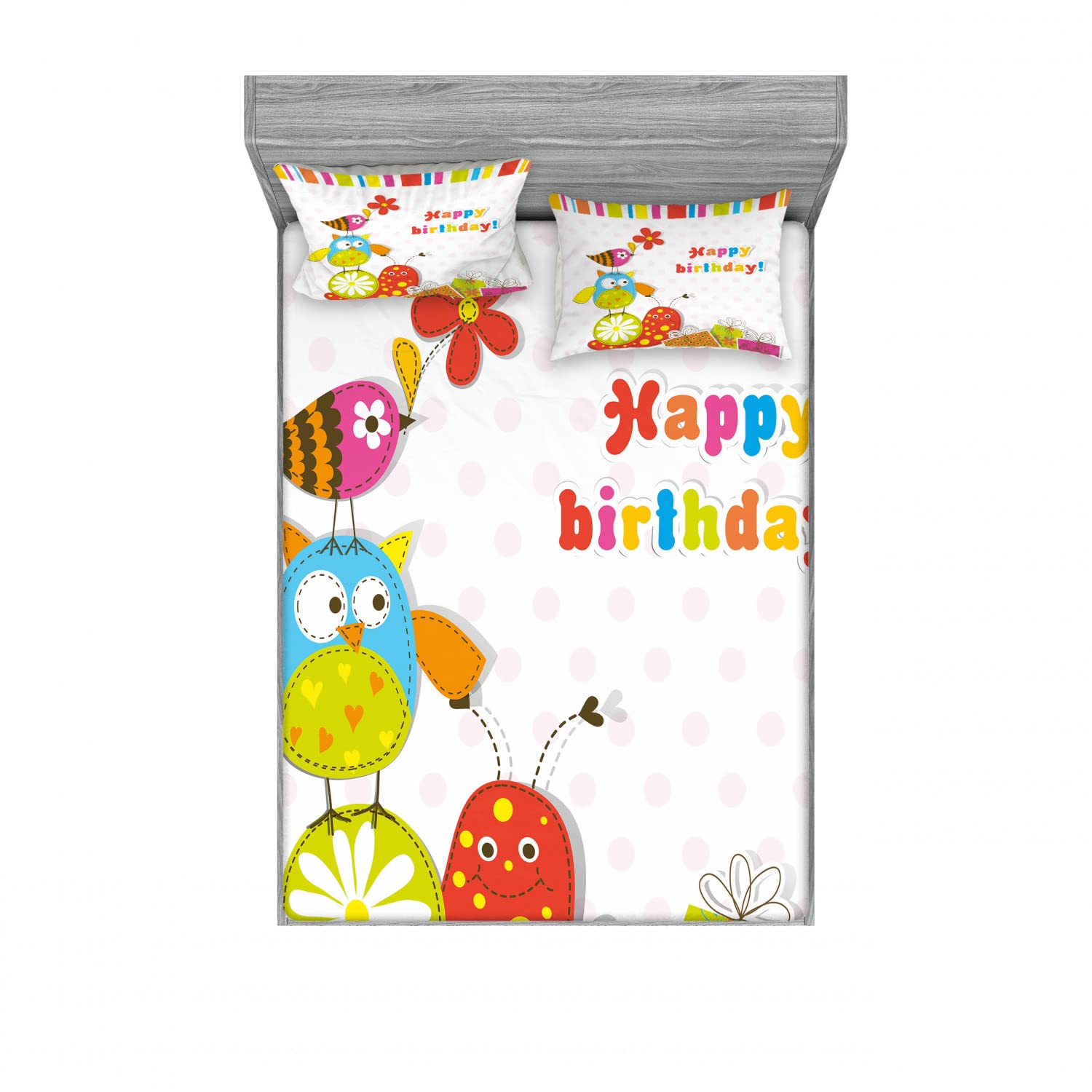 Ambesonne 2-Piece King Size Fitted Sheet Set with 4 Pillow Shams - Colorful Birthday Owl & Bird Themed Bedding Decor for Bedroom, Party Room Decorations - Perfect for Birthday Parties, Sleepovers & Themed Bedrooms