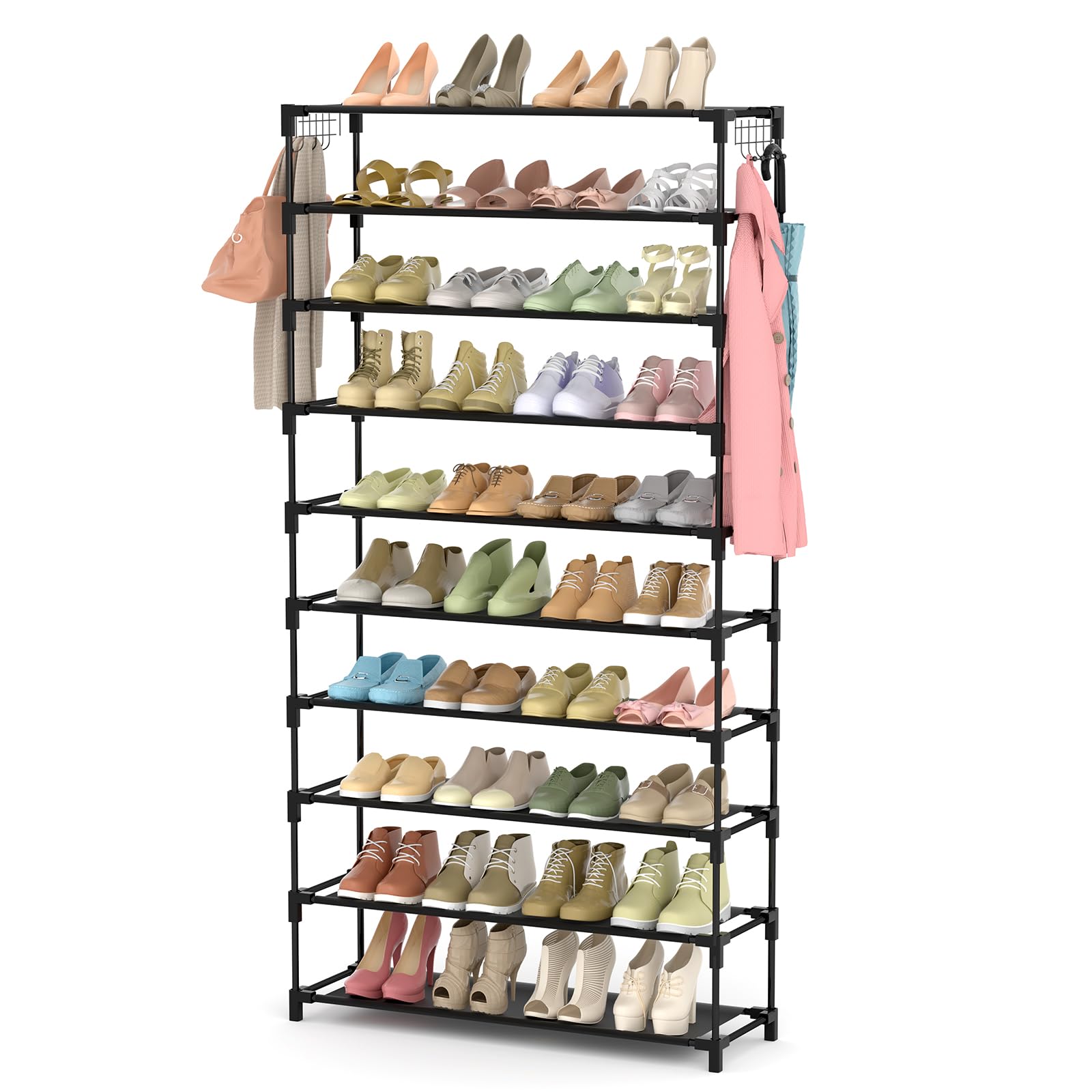 10-Tier Metal Shoe Rack Organizer - Holds 50 Pairs, Space-Saving Sturdy Shoe Storage with Hooks for Closet, Entryway & Bedroom - Perfect for Organizing Sneakers, Boots & Heels (Black)