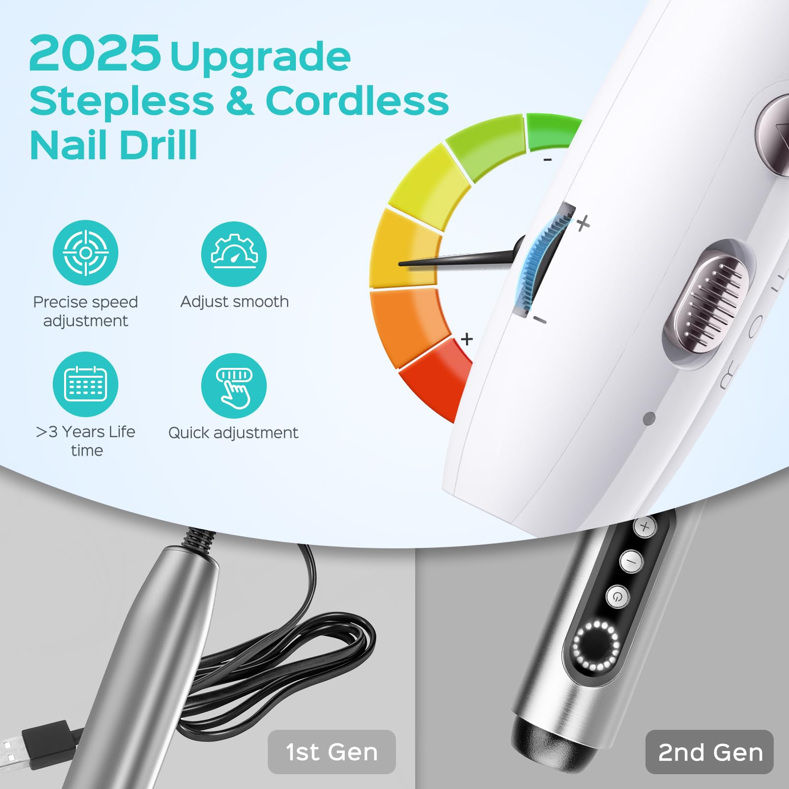 Professional Cordless Nail Drill Kit - Rechargeable Electric Nail File for Acrylic, Gel & Dip Powder Nails | Portable Manicure Machine with LED Light | Perfect for Home Salon & DIY Nail Art | White