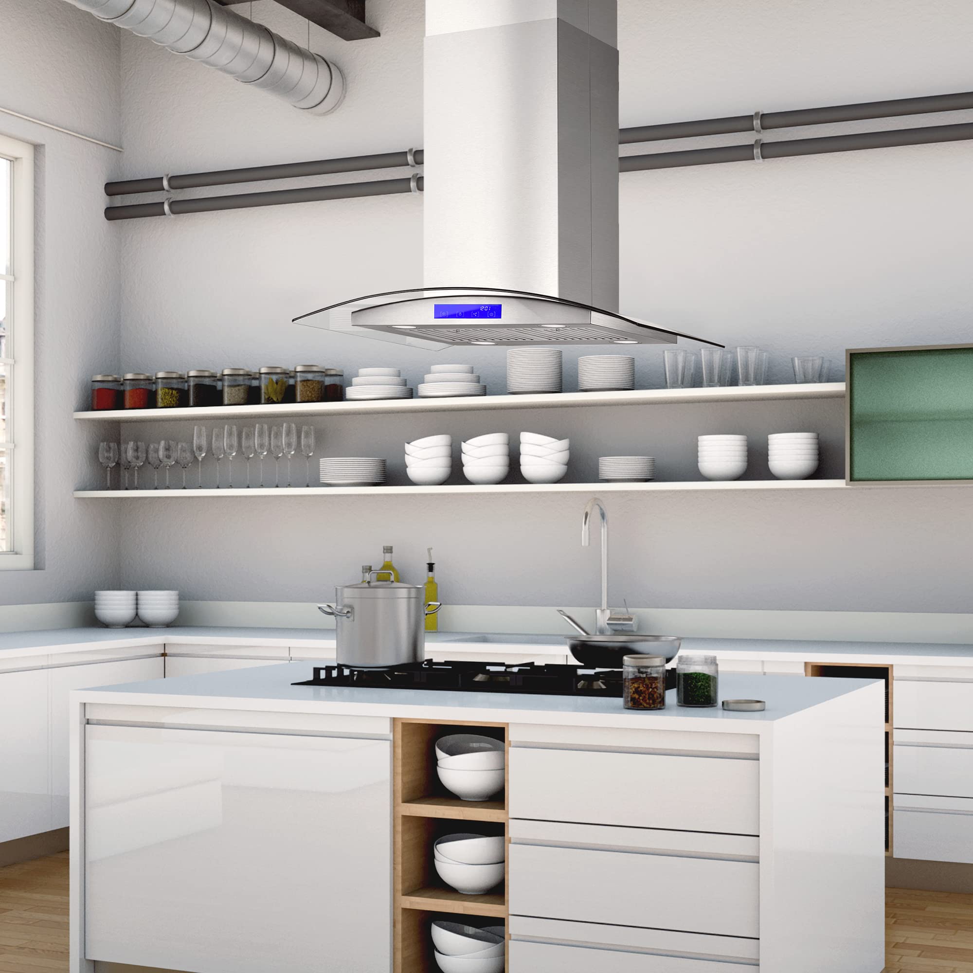 COSMO COS-668ICS750 30-inch Stainless Steel Ducted Island Range Hood - 380 CFM, Soft Touch Controls, LED Lighting - Perfect for Modern Kitchen Islands & Open Concept Homes