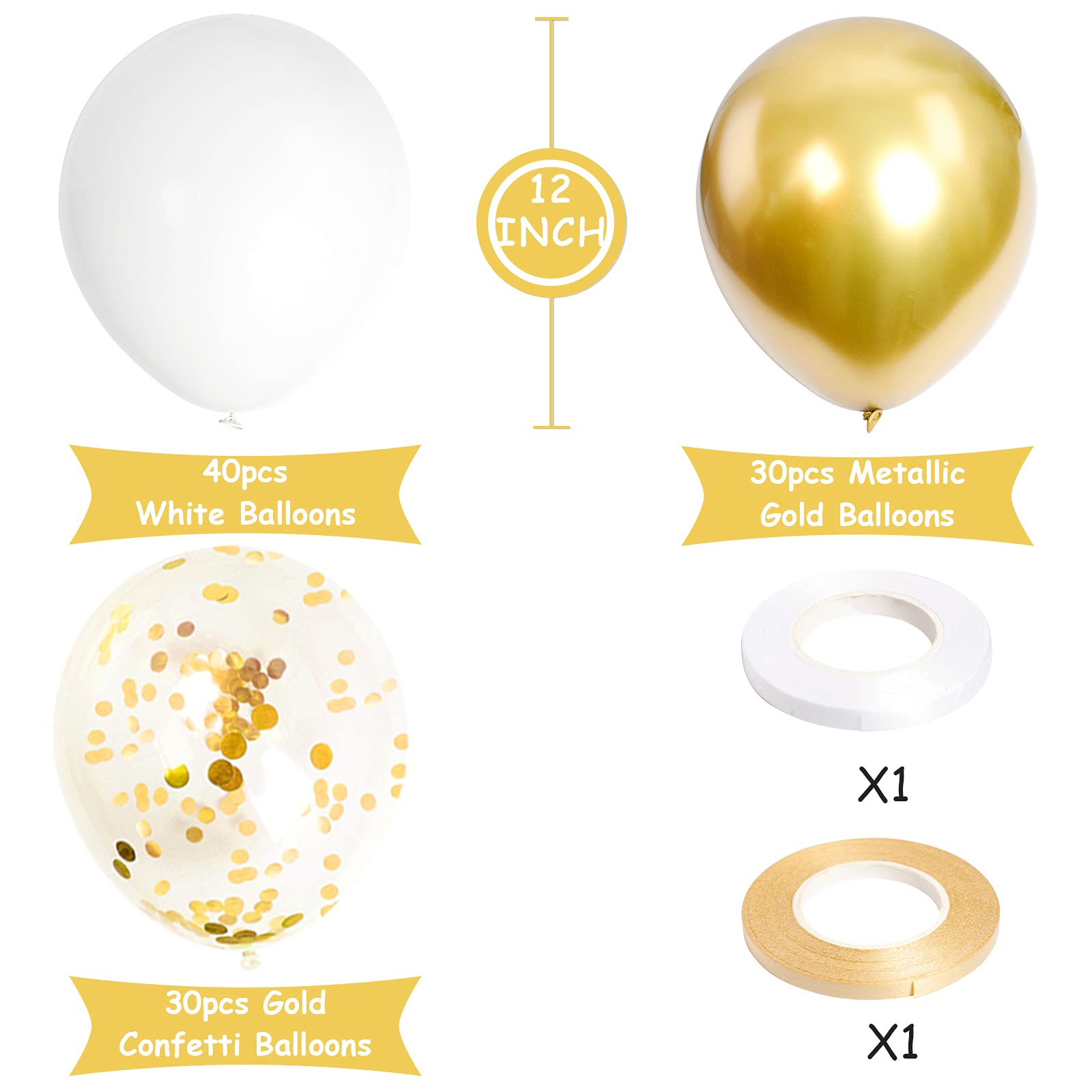 100-Pack 12-Inch White & Gold Confetti Balloons - Latex Helium Party Balloons for Birthday, Wedding, Bridal Shower, Proposal, Anniversary, Engagement Decorations - Perfect for Indoor/Outdoor Party Decor & Photo Backdrops