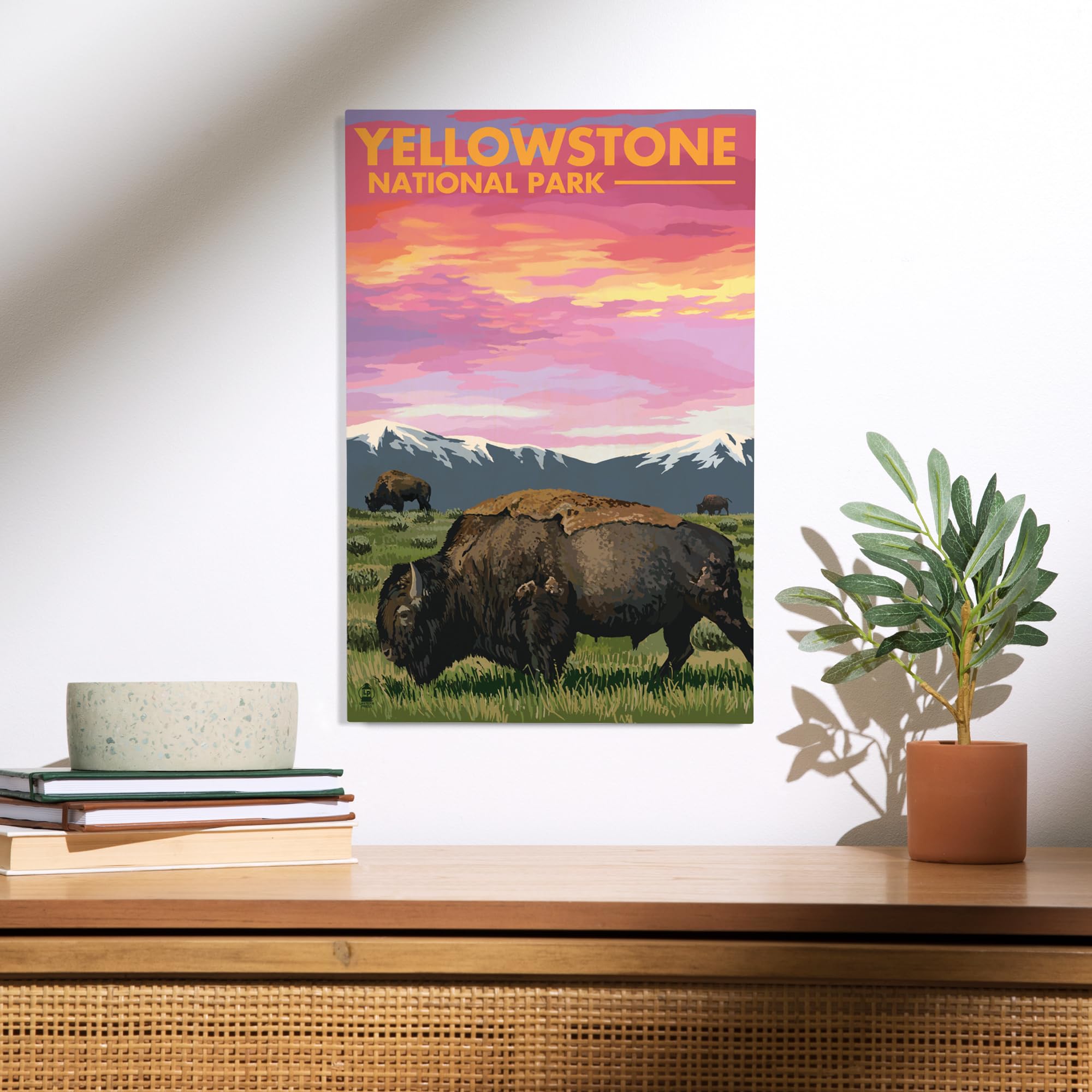 Lantern Press 12x18 Inch Premium Wood Wall Sign - Yellowstone National Park Bison Sunset Art - Ready to Hang Home Decor for Living Room, Bedroom, or Office
