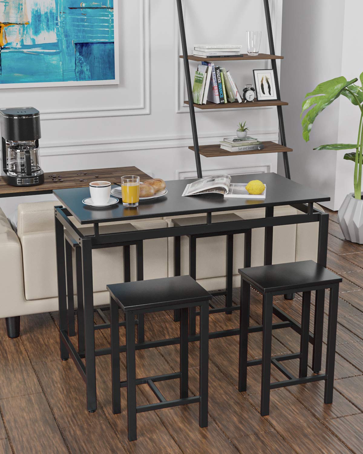 Modern 5-Piece Recaceik Bar Table Set - Farmhouse Counter Height Dining Table & 4 Chairs with Wood Top - Perfect for Small Spaces, Breakfast Nook, Living Room, Restaurant or Pub Setting - Black Finish