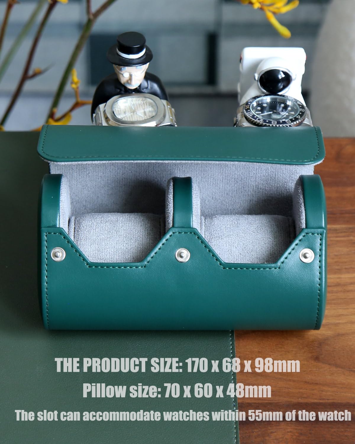 Premium 2 Slot Watch Roll Travel Case for Men & Women - Soft Suede Lining Watch Storage Organizer Holder for Luxury Watches (Green) - Perfect for Business Travel, Watch Collection Display & Gift Giving