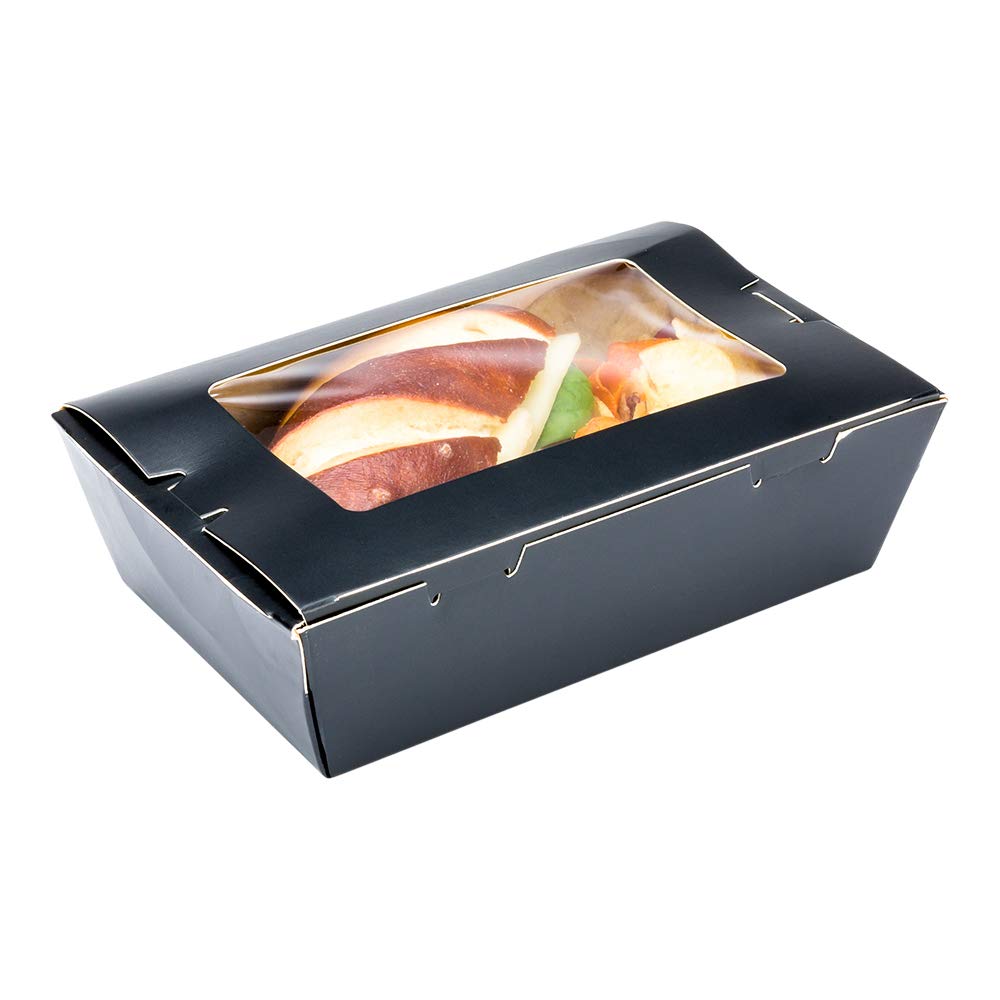 Restaurantware Cafe Vision 21oz Disposable Takeout Food Containers - 200 Pack Black Paper To-Go Boxes with Hinge Lock & Grease-Proof Window | Perfect for Lunch, Desserts, Catering & Restaurant Food Delivery
