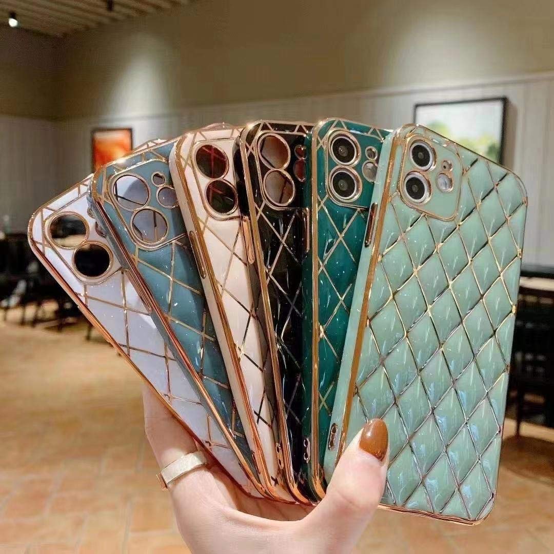 Elegant Electroplated Leather Case for iPhone 11 Pro Max - Slim Soft Lambskin Cover with Diamond Lattice Design, Non-Slip Grip Protective Phone Case for Women & Girls (Black) | Perfect for Daily Use, Office, and Special Occasions