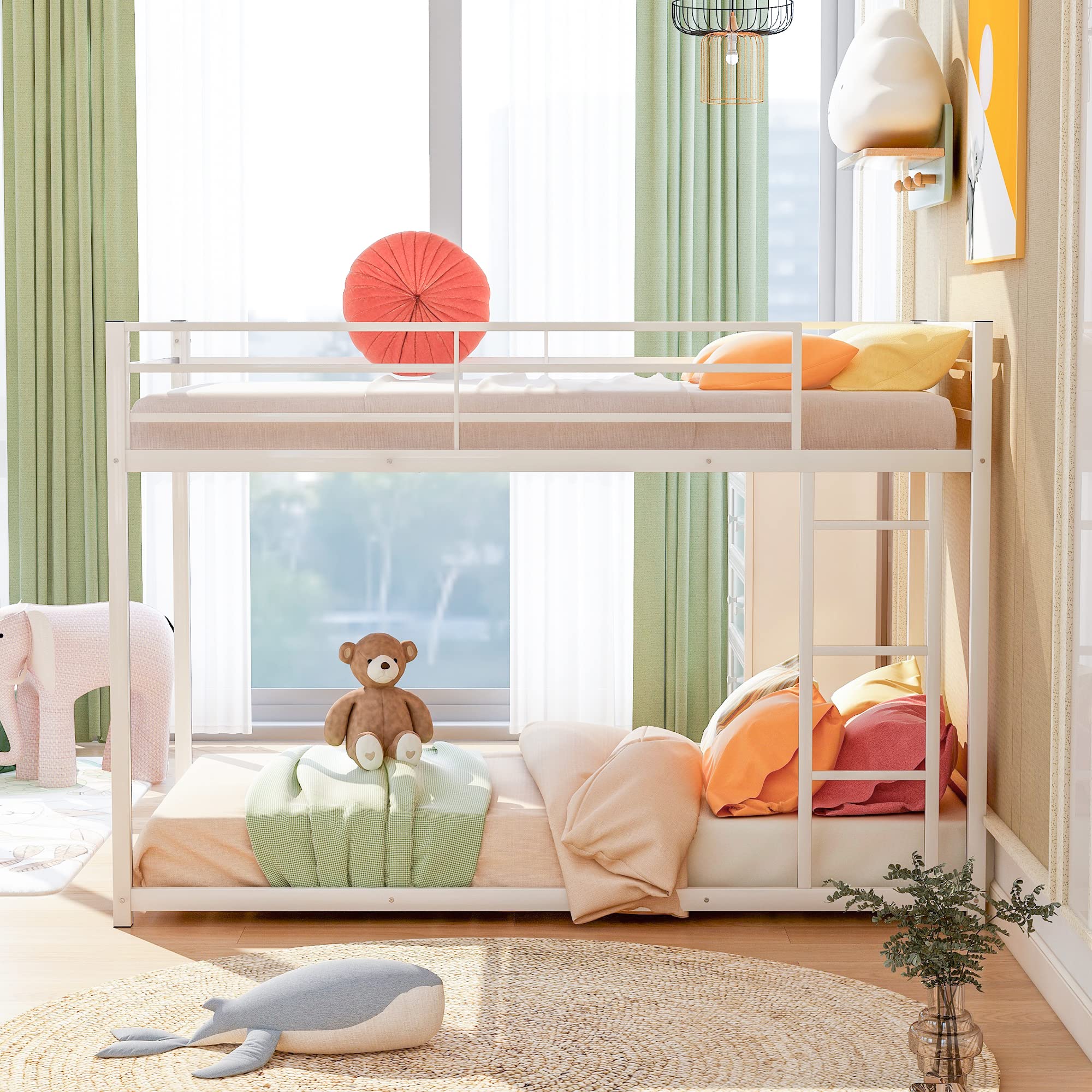 Junior Twin Over Twin Metal Bunk Bed Frame - Low Profile Heavy Duty Kids Bunk Bed in White | Space-Saving Sleep Solution for Siblings, Sleepovers & Small Bedrooms