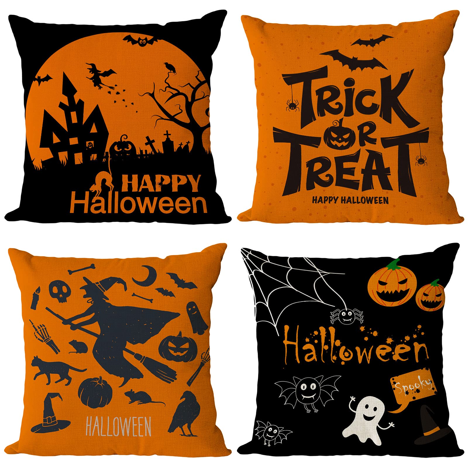 Set of 4 Halloween Pillow Covers 16x16 Inch - Black & Orange Pumpkin Trick or Treat Throw Pillow Cases for Sofa, Couch, Bed - Linen Square Decorative Cushion Covers for Home & Outdoor Halloween Decor