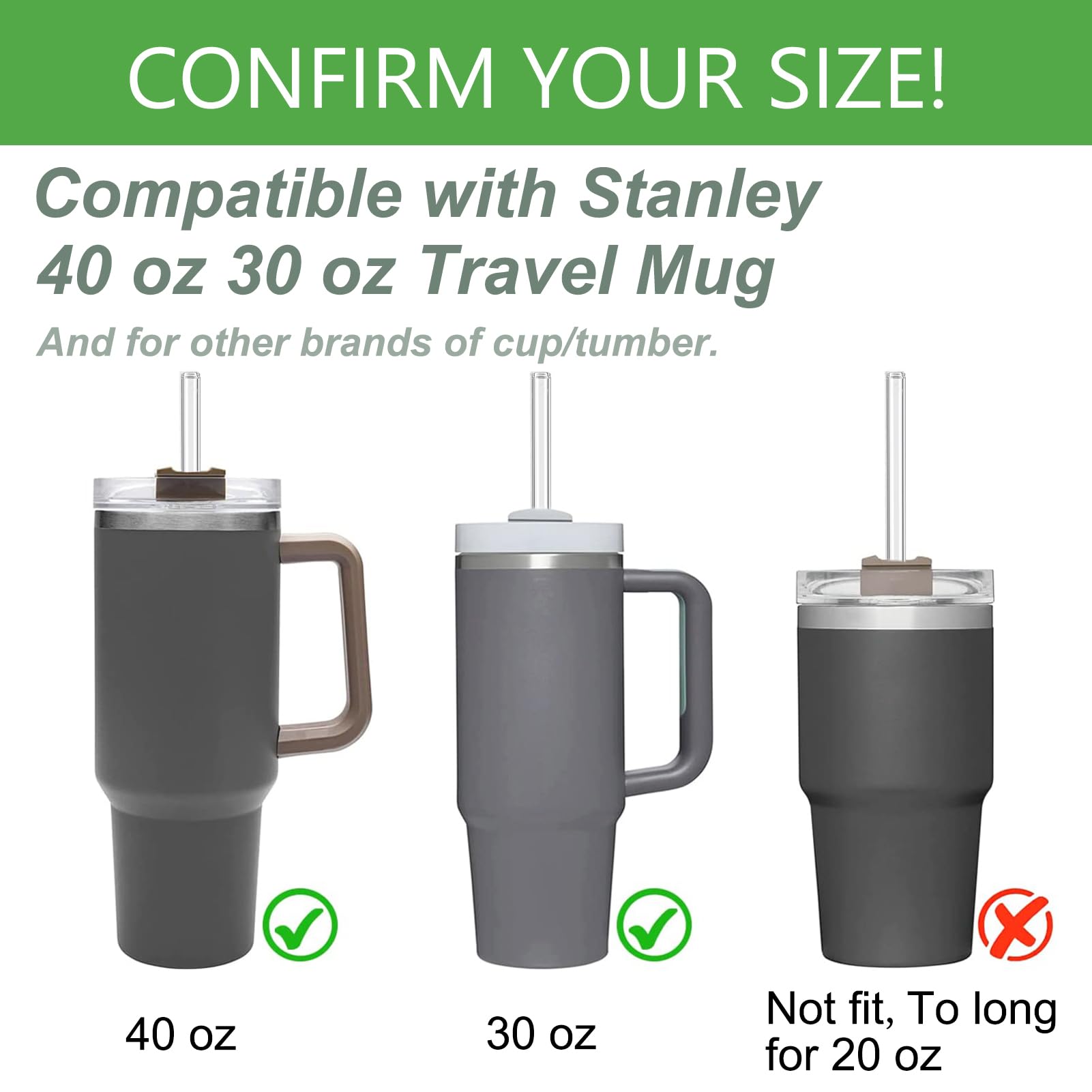 Reusable Glass Straws for Stanley 40oz & 30oz Tumblers - 6 Pack Clear Replacement Straws with Cleaning Brush | Eco-Friendly Drinking Accessories for Water Bottles, Smoothies & Iced Coffee