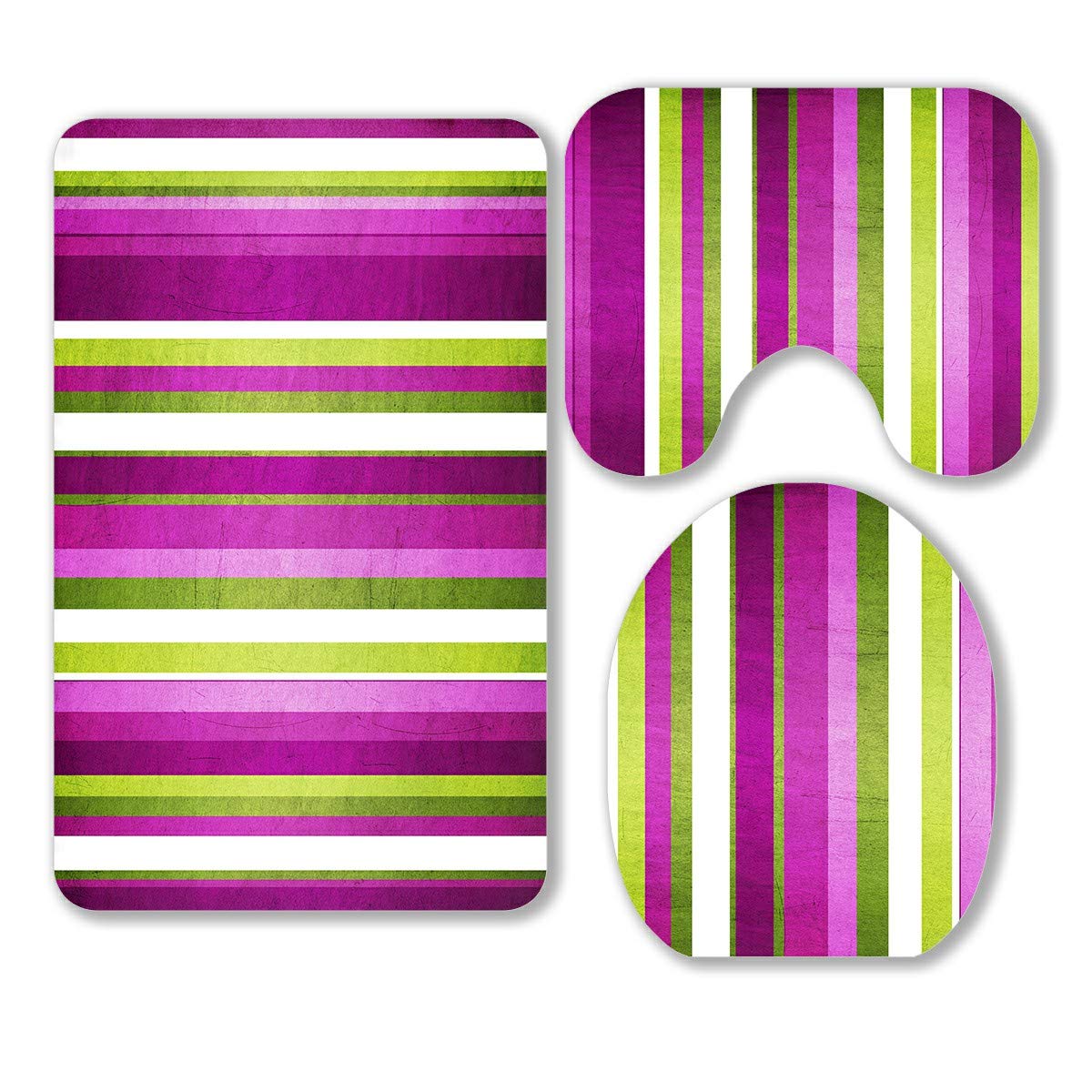 Retro Stripe Bathroom Rugs Set - 3 Piece Green Purple White Violet Contour Mat, Toilet Lid Cover & Bath Rug for Vintage Style Bathroom Decor