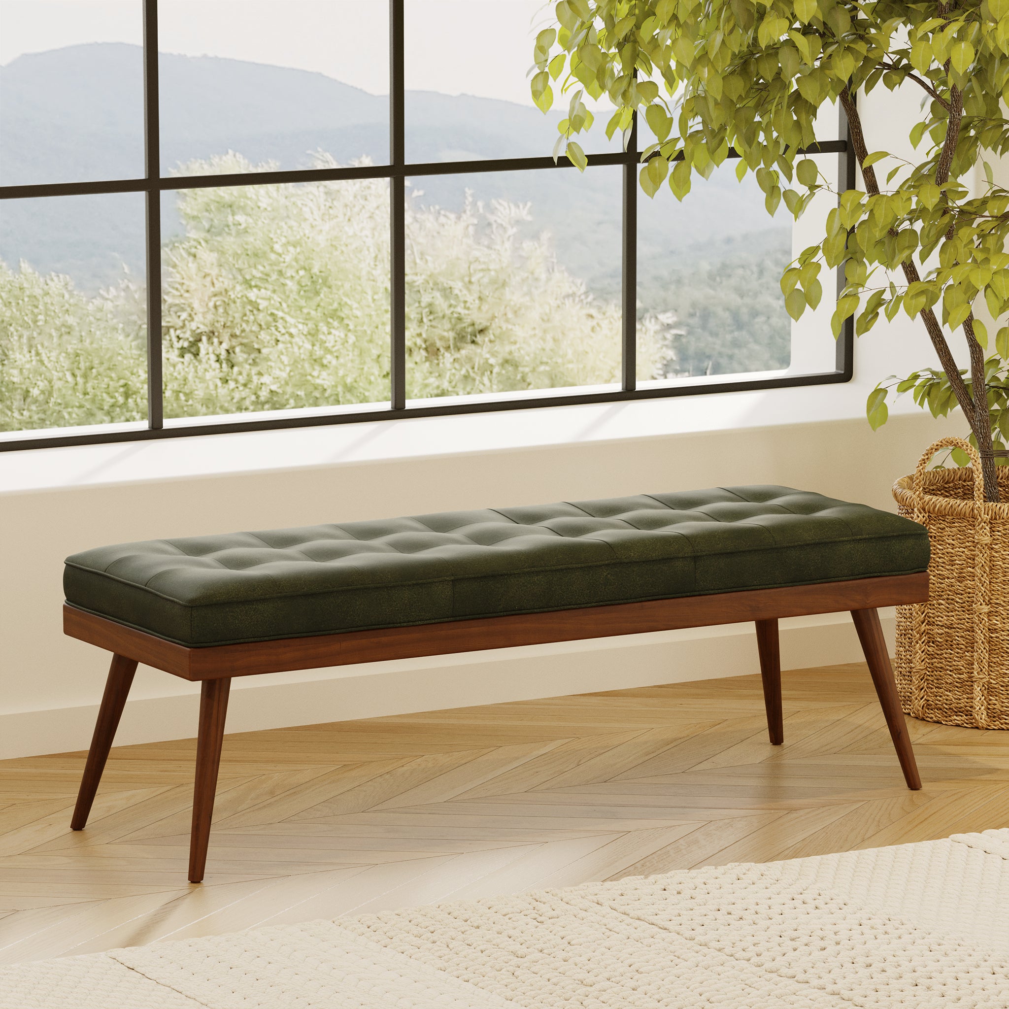 Luca Leather Bench - Modern Upholstered Storage Ottoman with Tufted Design for Living Room, Bedroom, or Entryway - Durable Faux Leather Seat with Sturdy Wooden Legs - Perfect for Extra Seating, Footrest, or Stylish Home Decor