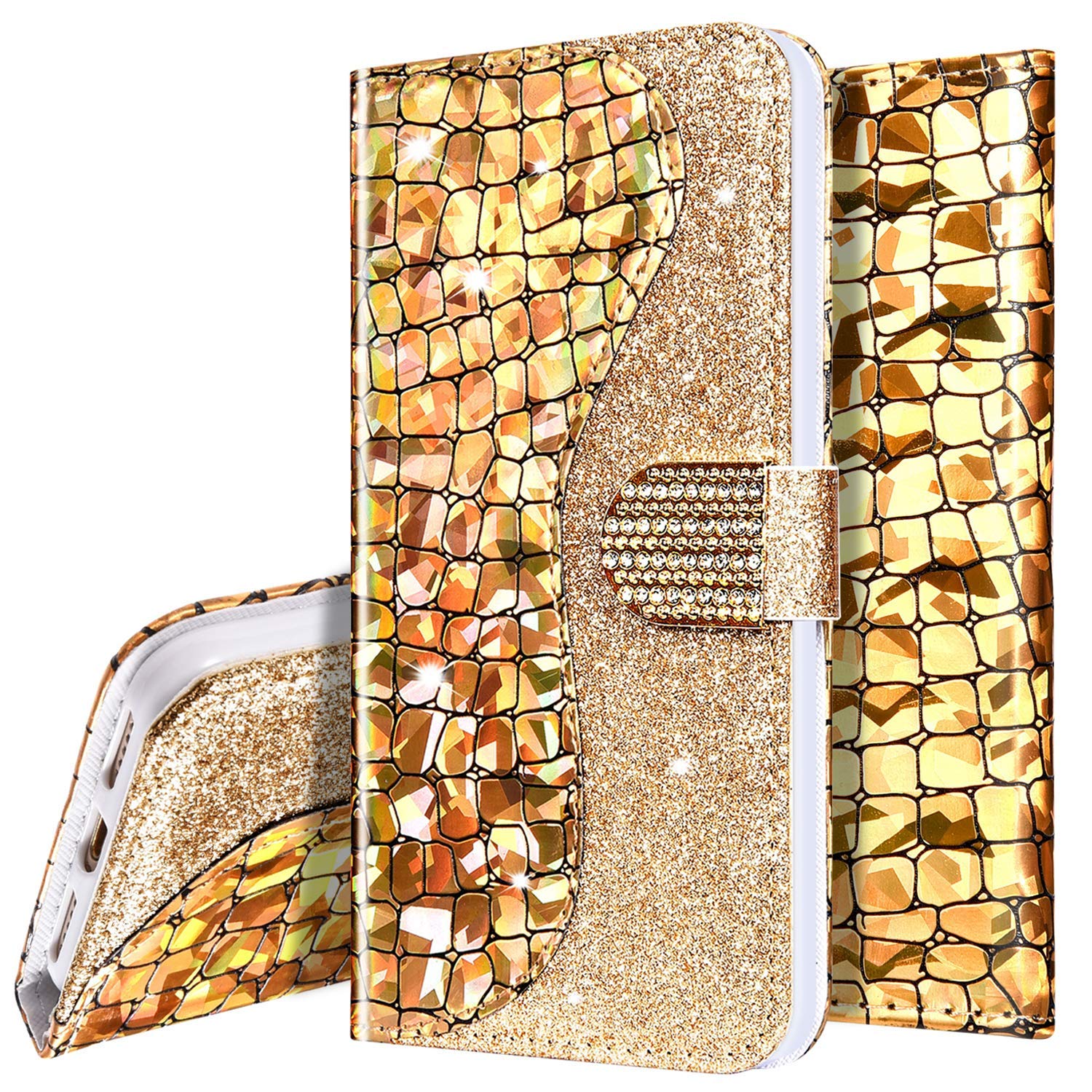 PHEZEN Shiny Glitter Magnetic Wallet Case for iPhone 11 - PU Leather Flip Cover with Card Holder & Stand | Full Body Protection | Perfect for Daily Use, Travel & Business Meetings (Gold)