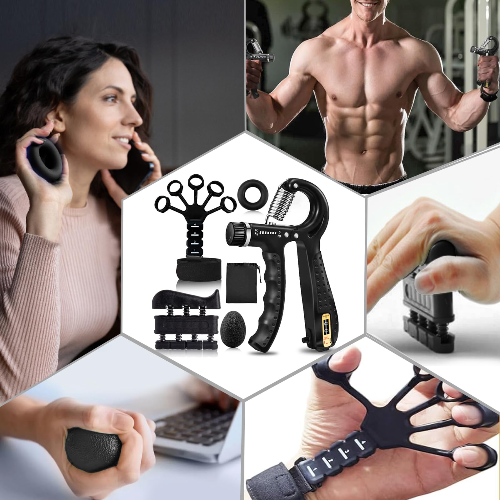 5-Pack Grip Trainers Set: Hand Grippers, Finger Trainers, Grip Balls, Forearm Strengtheners & Mechanical Counting Grips for Strength Training, Grip Improvement & Hand Exercises - Perfect for Gym, Office & Home Workouts