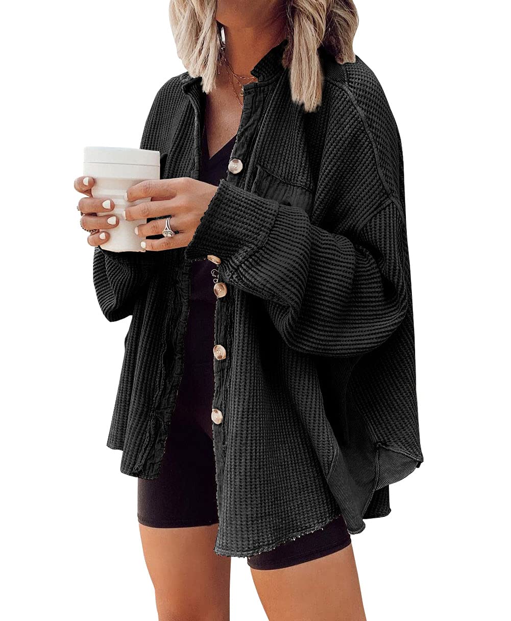 Women's Loose Fit Batwing Sleeve Waffle Knit Button Down Shirt Shacket - Casual Long Sleeve Tops for Fall & Winter - Perfect for Office, Date Night and Weekend Outings
