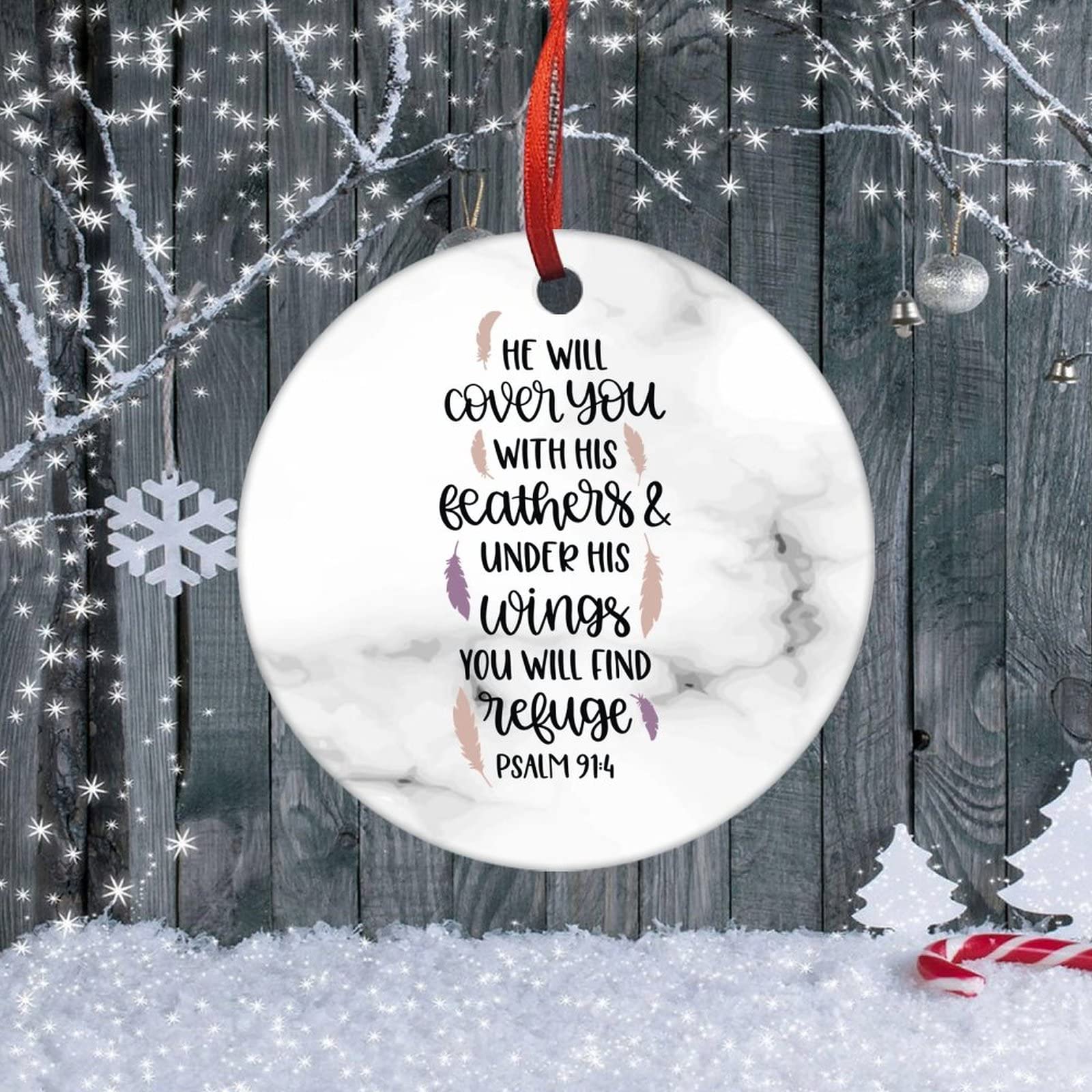 Personalized Psalm 91:4 Ceramic Christmas Ornament - 'He Will Cover You with His Feathers' Bible Verse Hanging Keepsake, 3x3 Inch Holiday Decor for Tree, Gift & Home Decoration