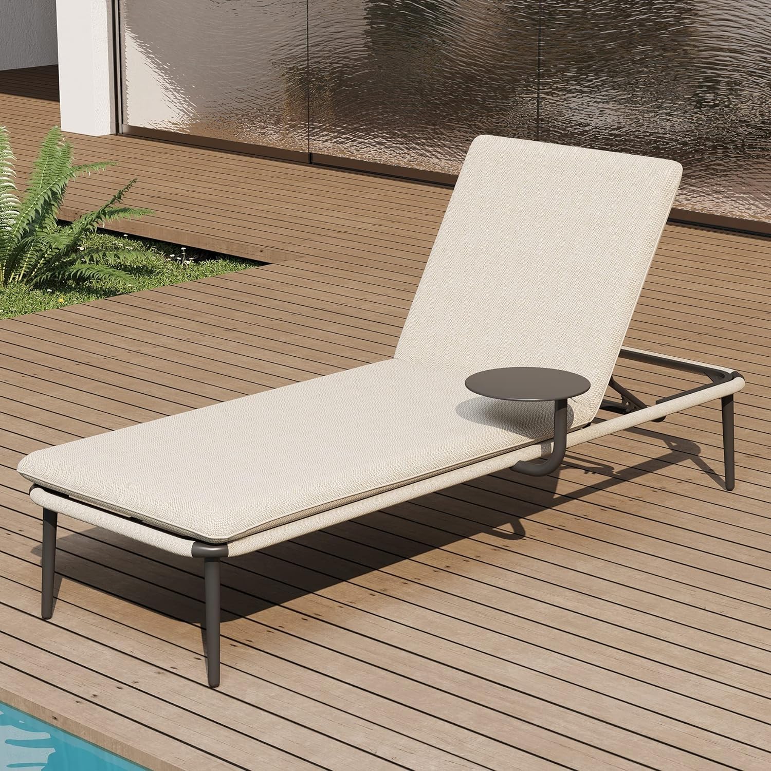 EAST OAK Adjustable Outdoor Chaise Lounge Chair with Cushion & Side Table - 5-Position Reclining Patio Furniture - Lightweight Aluminum Poolside Sun Lounger for Beach, Backyard, Deck, and Garden Relaxation