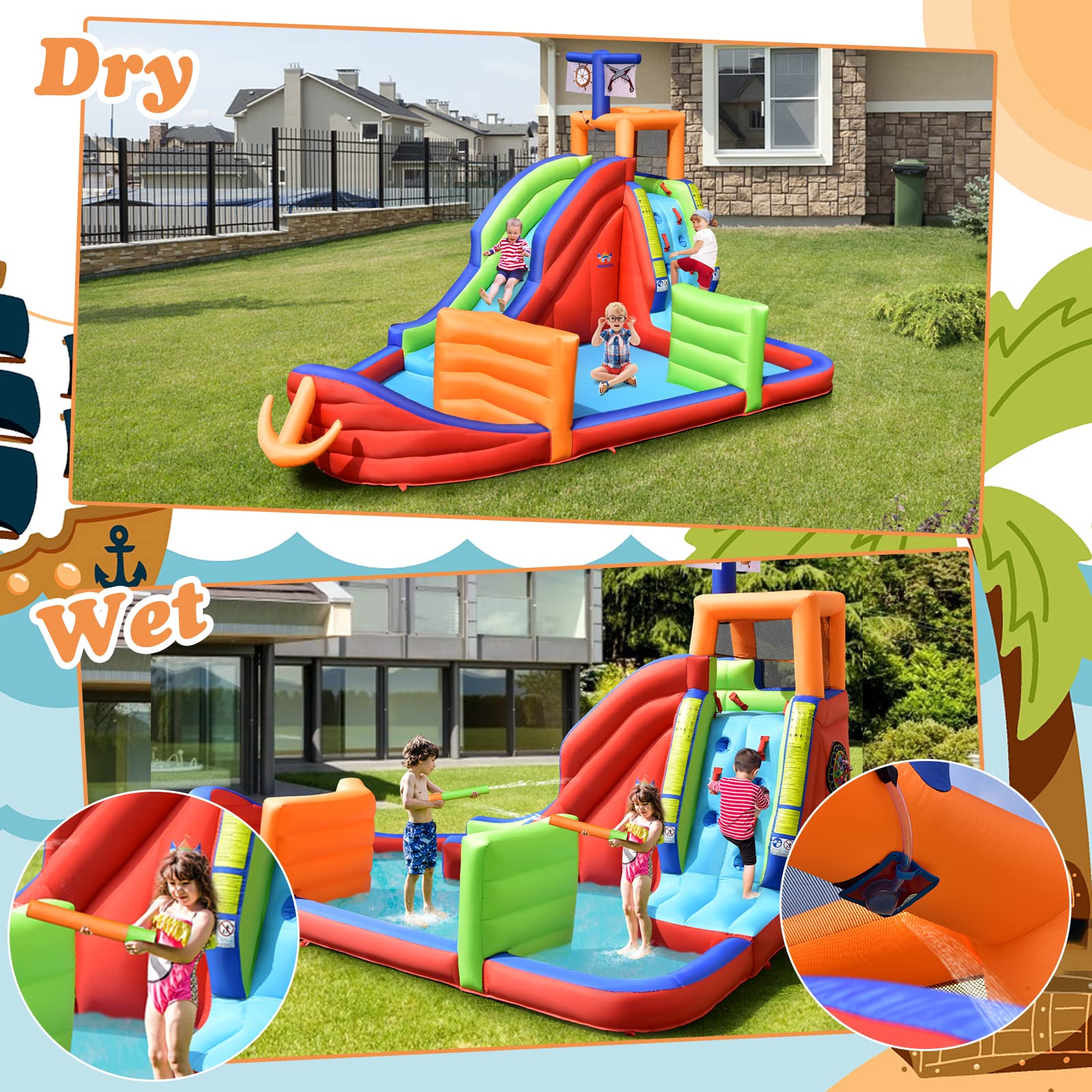 BOUNTECH Inflatable Water Slide - Pirate Ship Theme Backyard Water Park for Kids & Adults with 735W Blower, Splash Pool & Dart Game | Perfect for Birthday Parties, Summer Fun, and Outdoor Family Gatherings