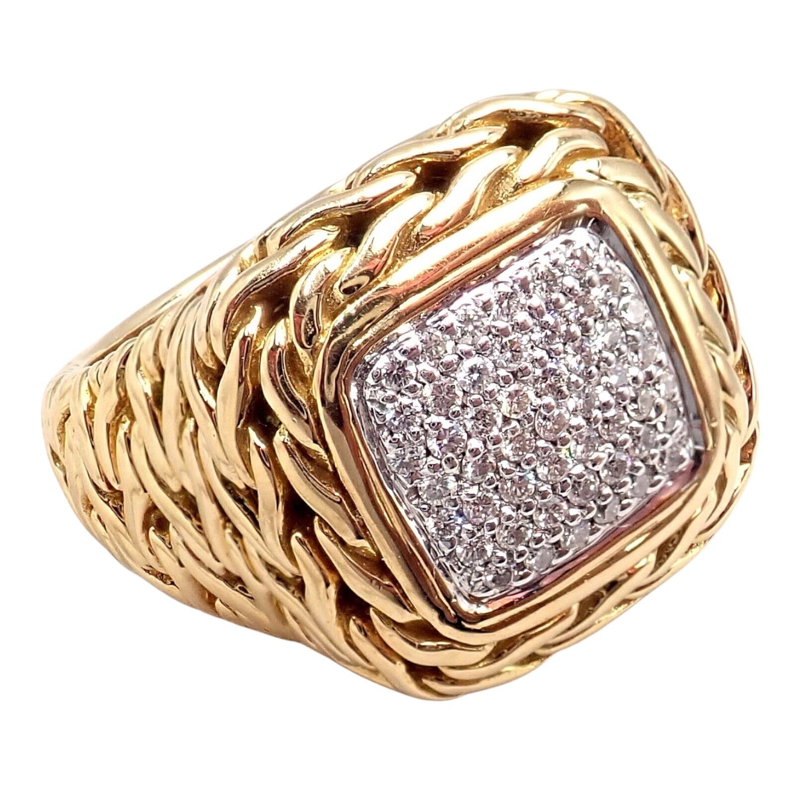 Authentic John Hardy JH 18K Yellow Gold Diamond Square Signet Signature Ring for Men & Women - Luxury Jewelry Gift for Anniversary, Wedding & Special Occasions