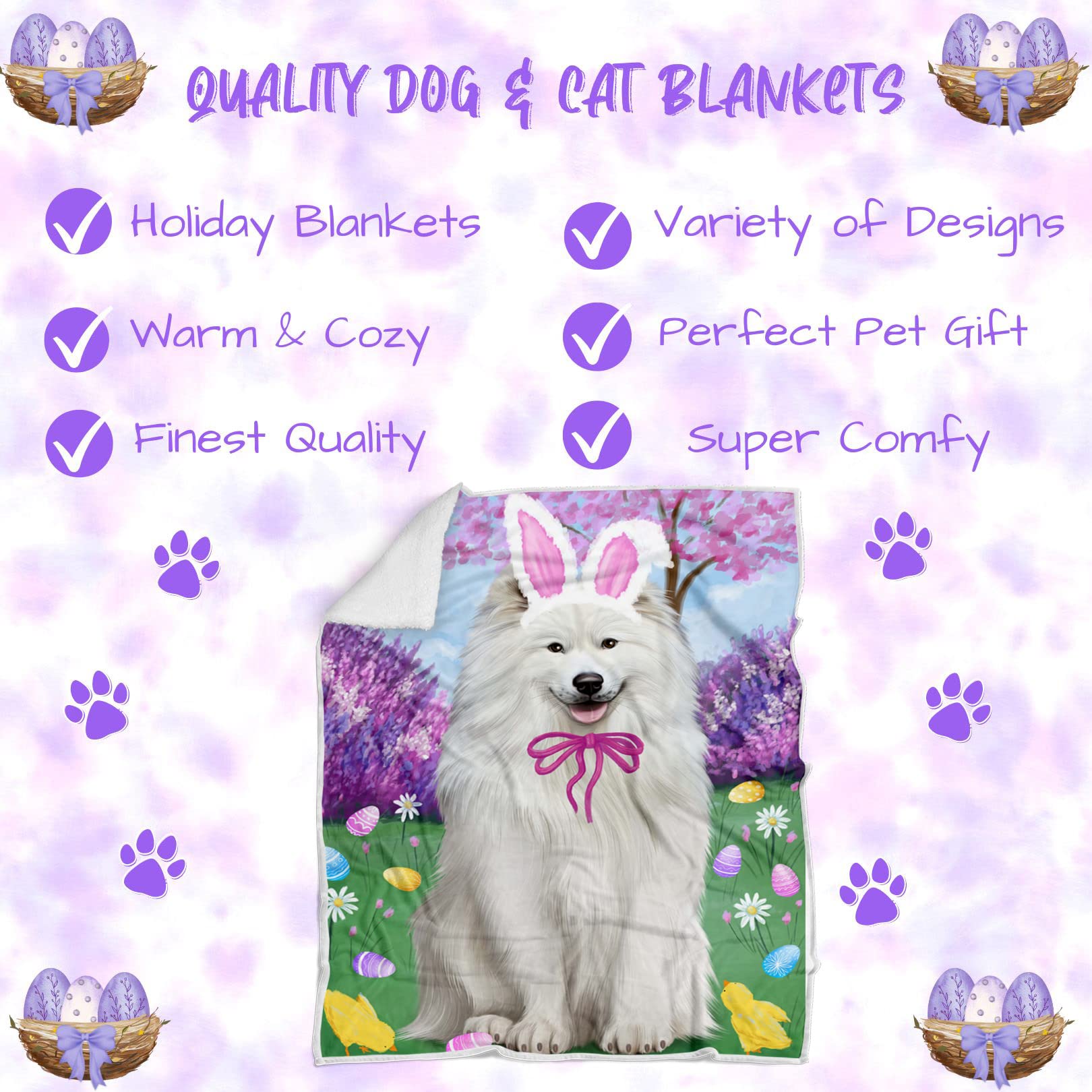 Samoyed Dog Blanket - Lightweight Soft Cozy Sherpa Throw for Easter Holiday - 50x60 Durable Pet Blanket for Sofa, Couch & Bed - Perfect for Gifts, Home Decor & Winter Snuggling