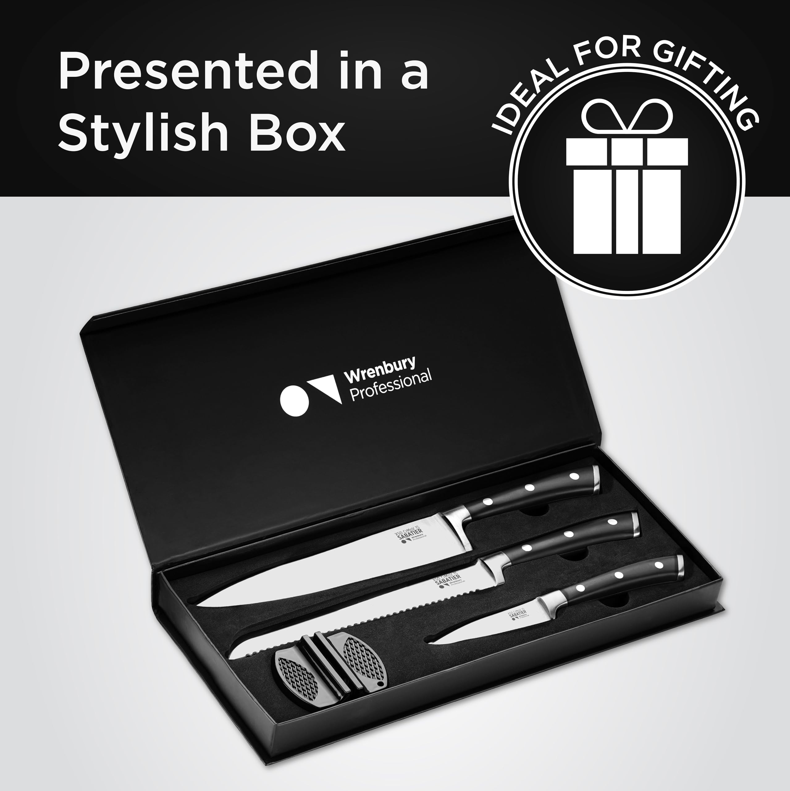 Wrenbury Professional 3-Piece German Stainless Steel Kitchen Knife Set - Ultra Sharp Sabatier Chef, Utility & Paring Knives with Sharpener - Full Tang Design for Precise Cutting - Perfect for Home Cooking, Meal Prep & Professional Kitchens