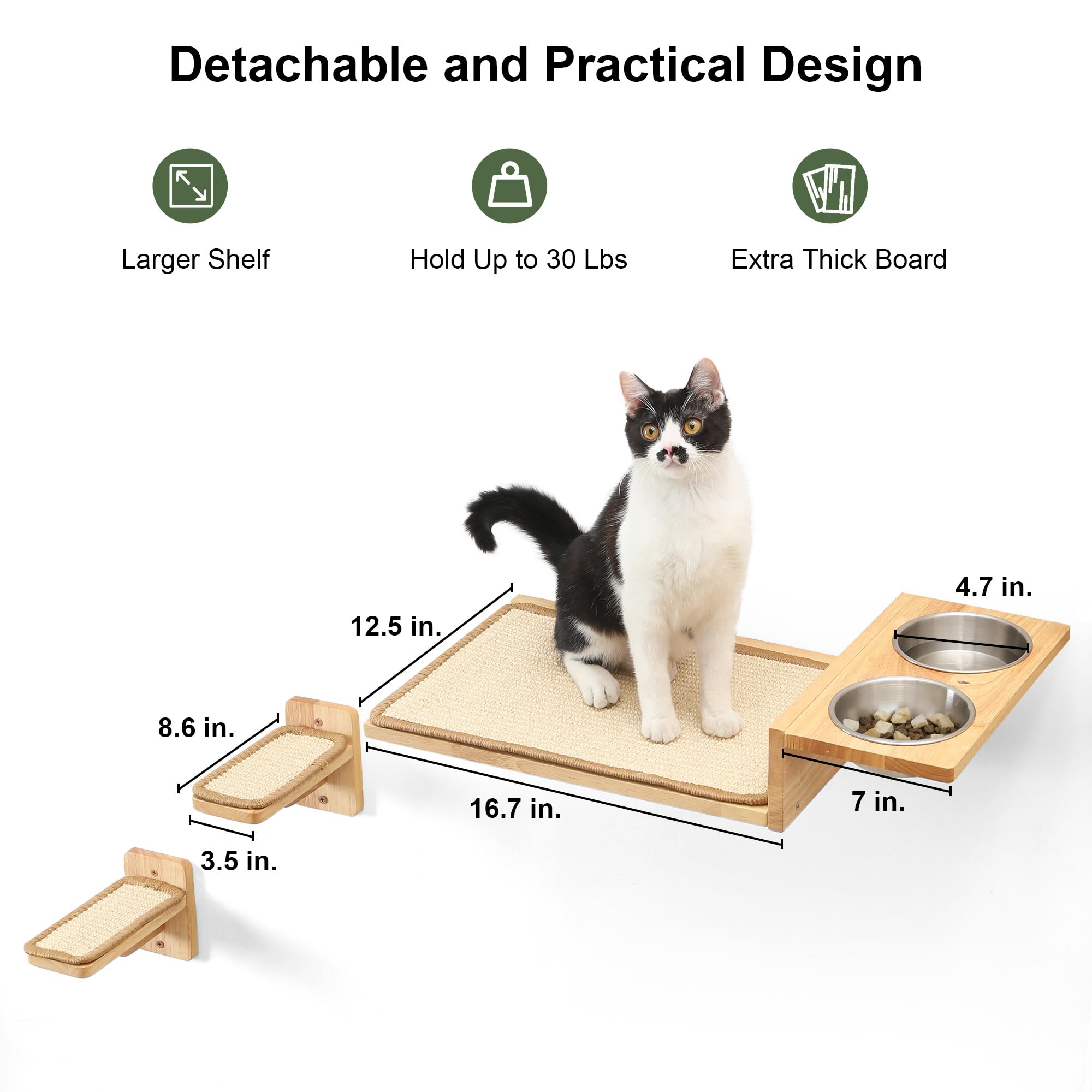 FUKUMARU 3-in-1 Cat Wall Shelves Set with Food Station & 2-Step Perch - Solid Rubber Wood Wall Mounted Cat Furniture for Kittens to Play, Nap, and Eat - Perfect for Small Spaces & Creating a DIY Cat Jungle Gym at Home