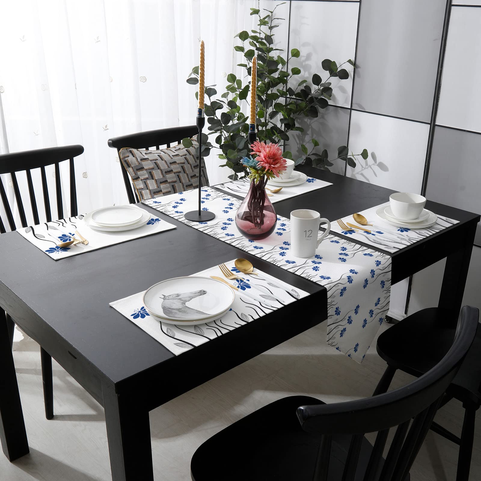 6-Piece Non-Slip Washable Table Runner Set - 13x90 Inch Floral Table Mat for Kitchen, Dining & Coffee Tables - Blue Artistic Flower Design - Perfect for Home Decor, Parties & TV Stand Decoration