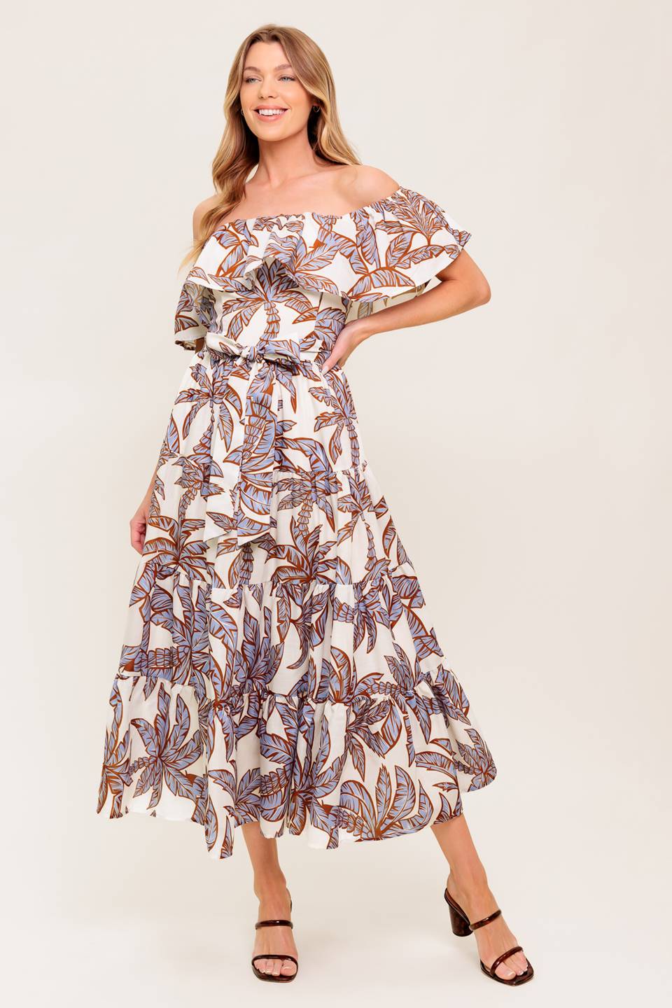 Palm Tree Print Off Shoulder Midi Dress - Summer Beach Vacation & Boho Chic Outfit