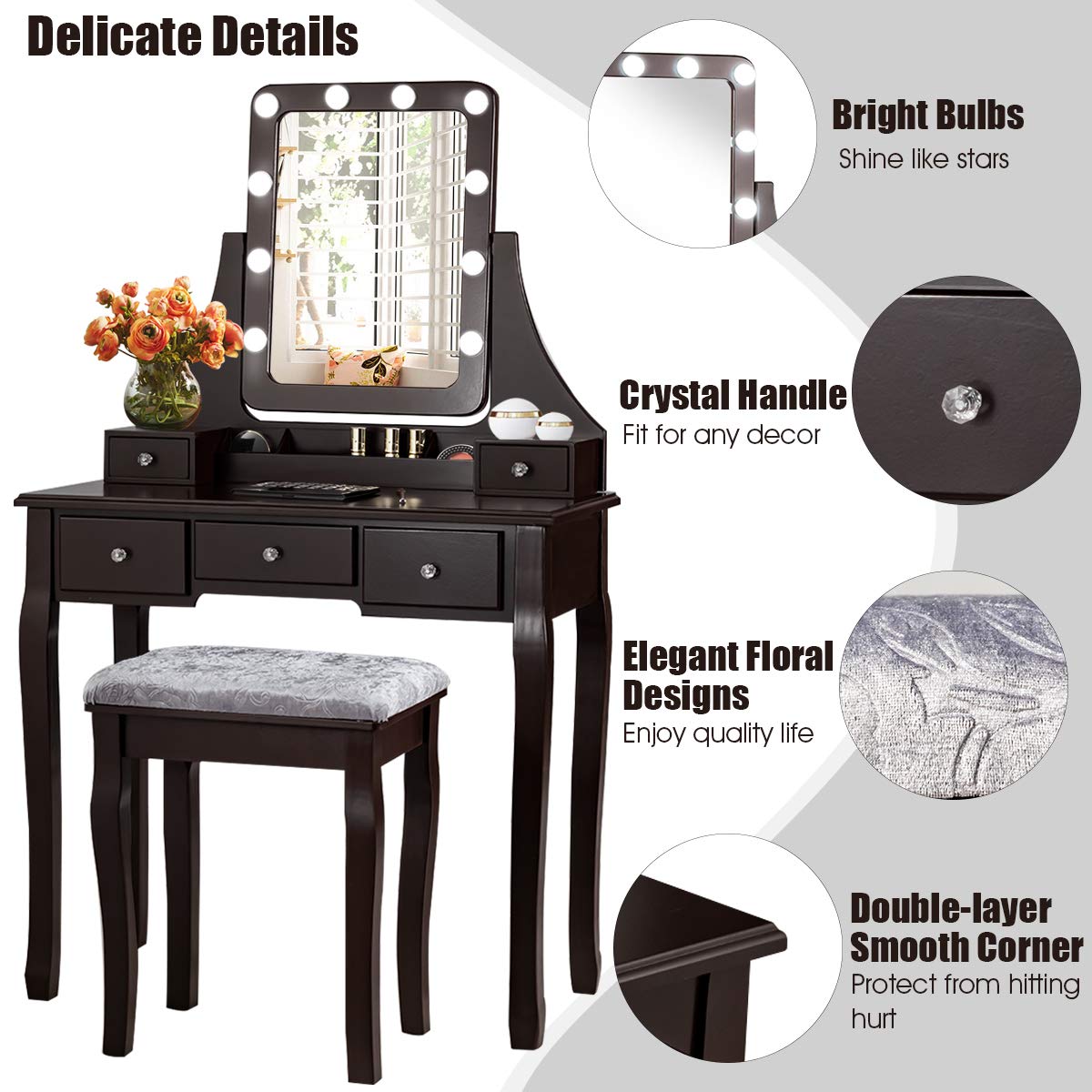 CHARMAID LED Vanity Makeup Desk Set with Lighted Mirror & Stool - 10 Dimmable Bulbs, 5 Drawers, 2 Dividers, 3 Organizers - Espresso Bedroom Dressing Table for Women & Teens | Perfect for Makeup, Skincare & Jewelry Organization