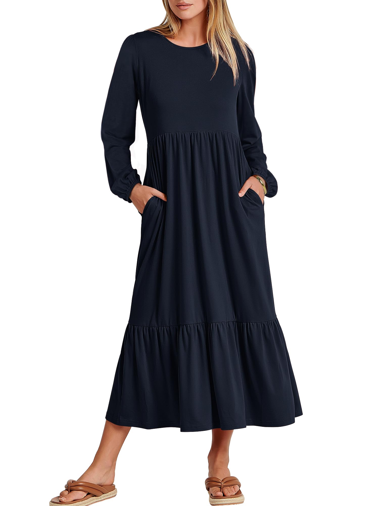 ANRABESS Women's Casual Long Sleeve Midi Dress - 2025 Spring Crewneck A-Line Tiered Flowy Loose Dress with Pockets | Trendy Plus Size Dresses for Work, Date Night & Spring Outfits