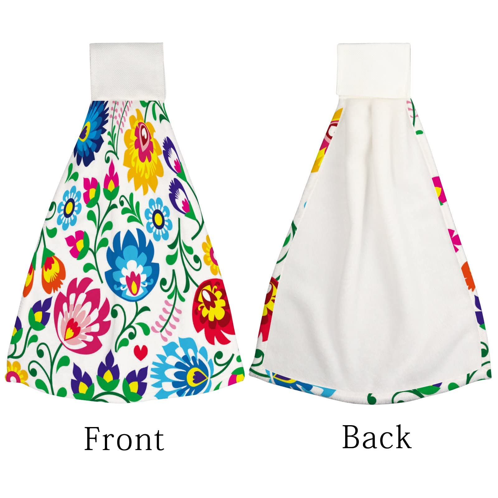 Floral Polish Folk Art Microfiber Hanging Kitchen Towels - 2 Pack Absorbent Hand Towels with Tie Loop for Bathroom, Kitchen & Home Decor - Perfect for Drying Dishes, Wiping Hands & Adding Rustic Charm